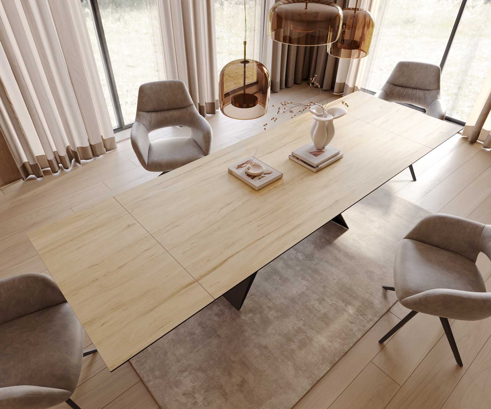 Stół do jadalni Edge 200-300x100 cm ceramika Laminam® Sabbia kolor dębu rama V metal czarna rozkładany 4