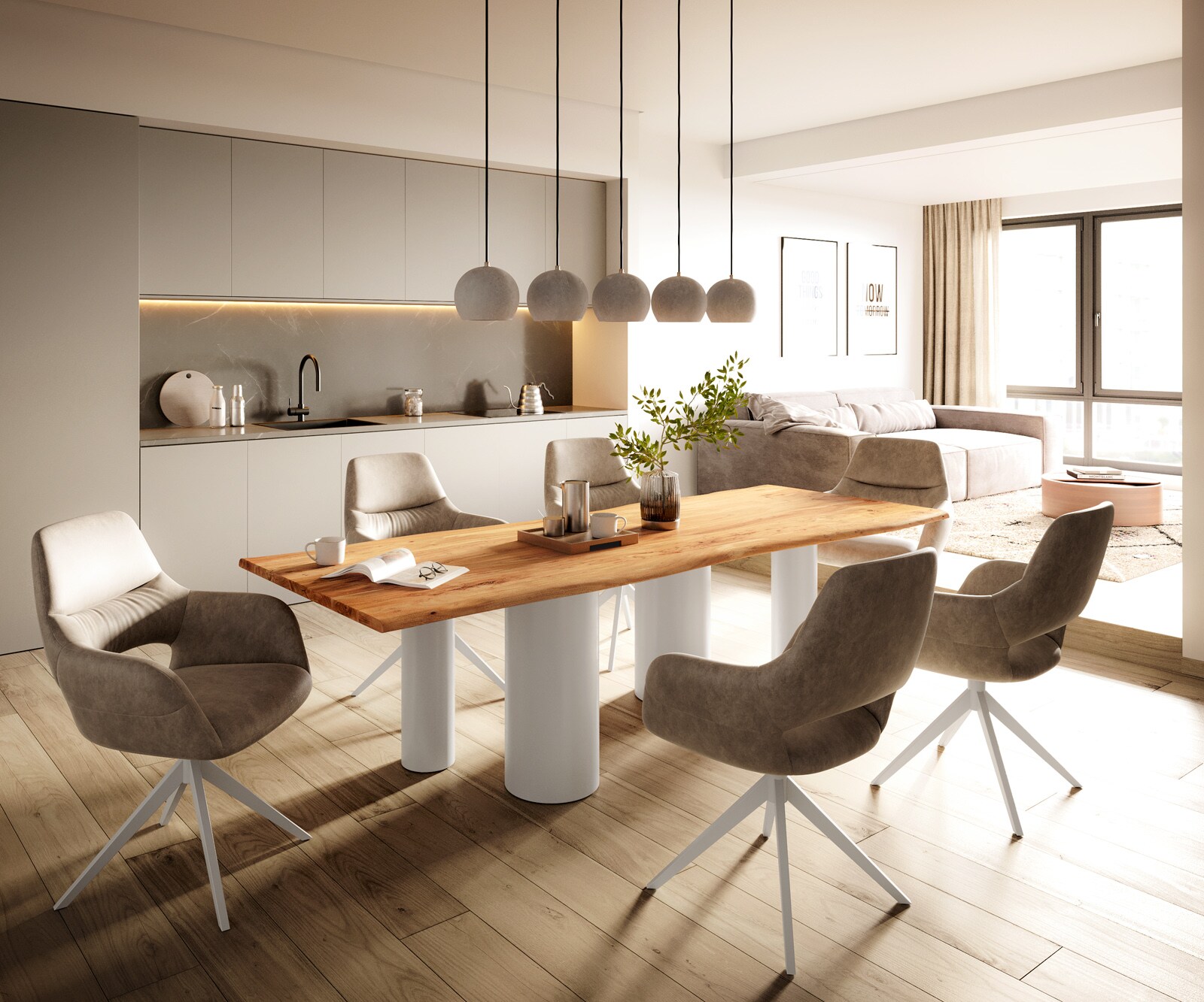 Stół do jadalni Edge 260x100 cm akacja naturalna rama Pilier metal biały 5