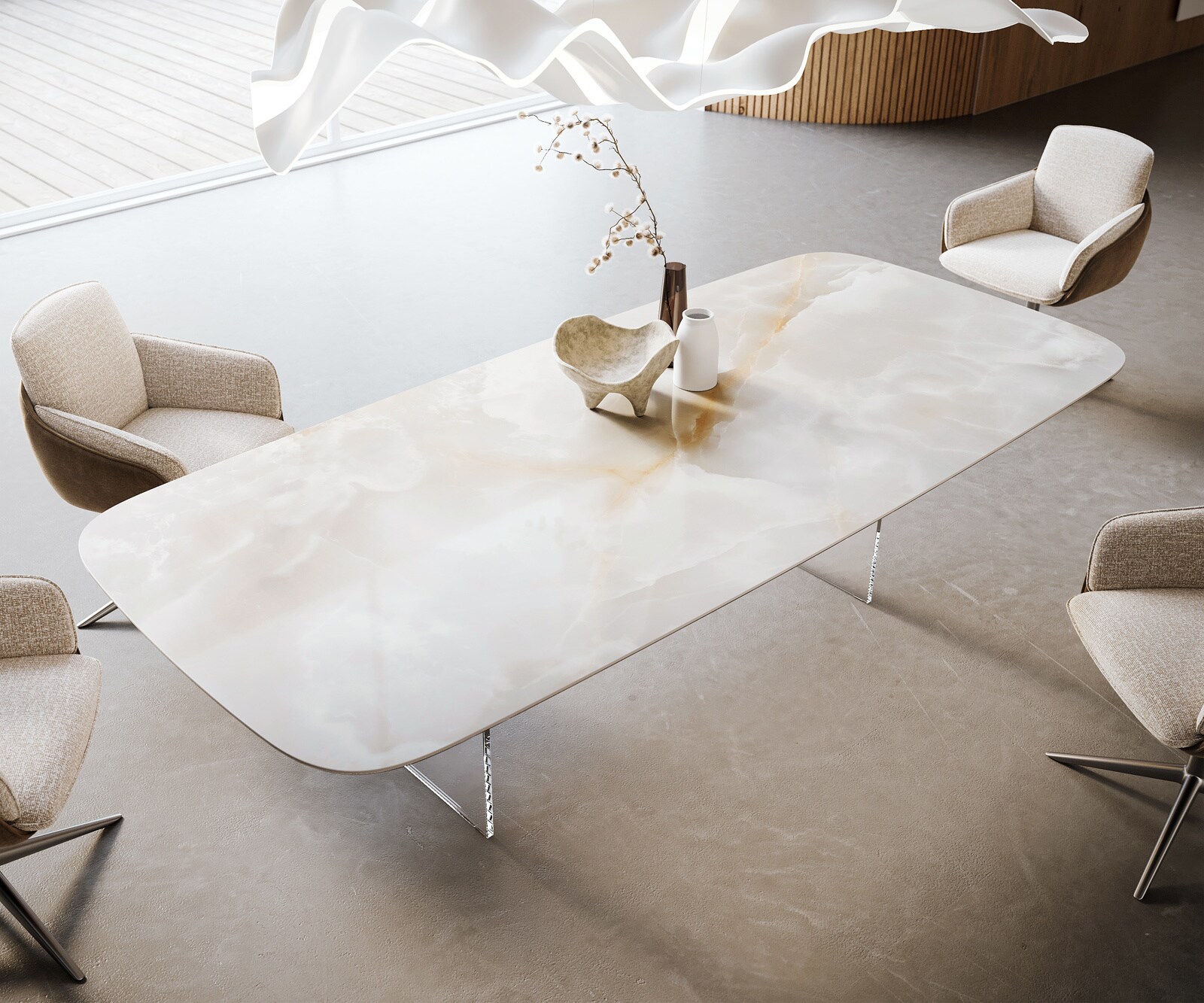 Stół do jadalni Edge w kształcie beczki 270x120 cm ceramika Iris FMG Onice Grigio rama szklana 4