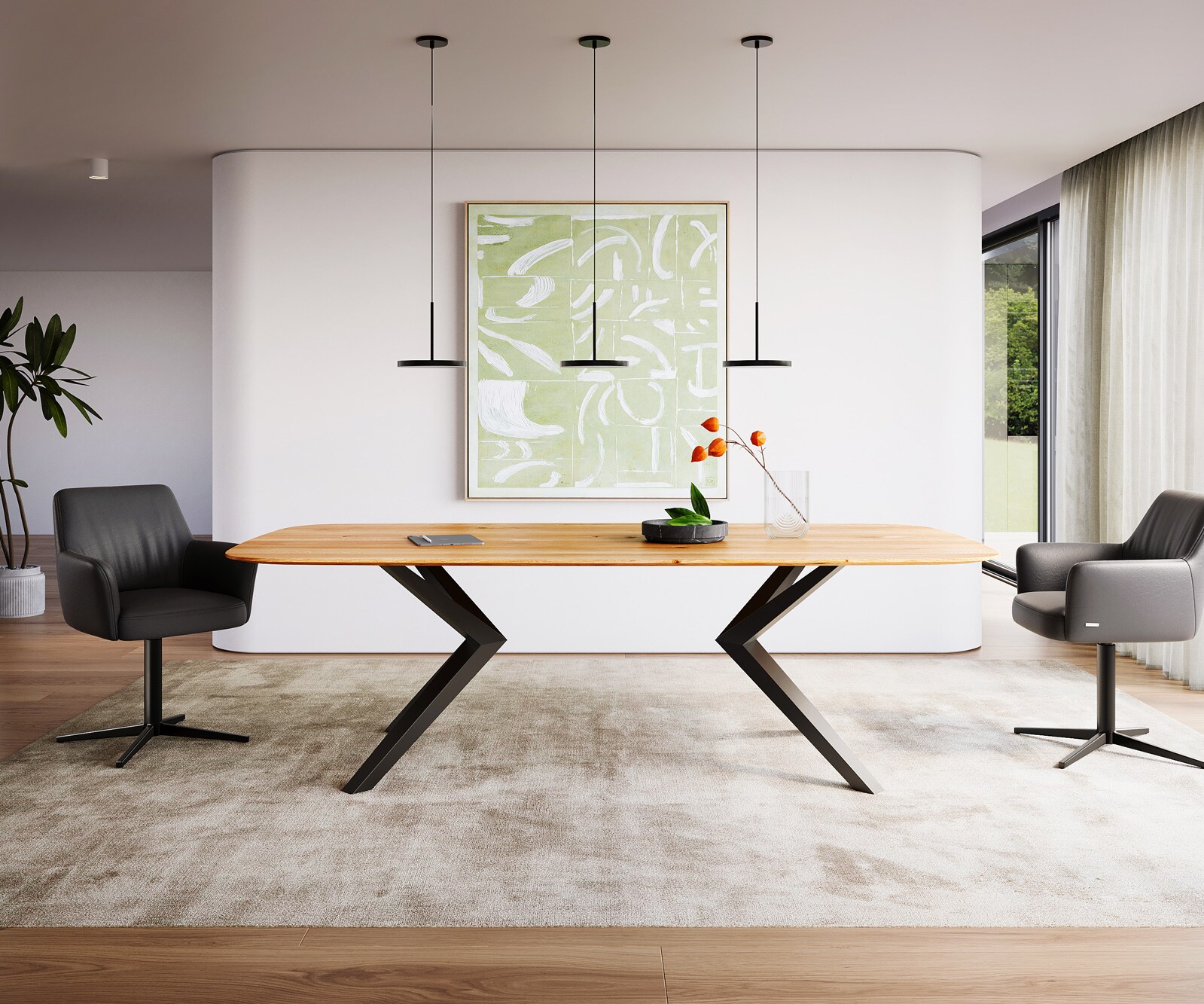 Stół do jadalni Edge kształt beczki 240x120x2,5-3cm dąb naturalny rama Zenthara metal czarny krawędź szwajcarska