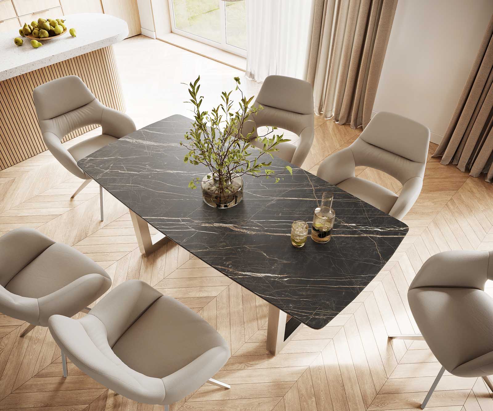 Stół do jadalni Edge kształt beczki 200x100cm ceramika Laminam® Noir Desir brązowy stal nierdzewna szeroka rama 3