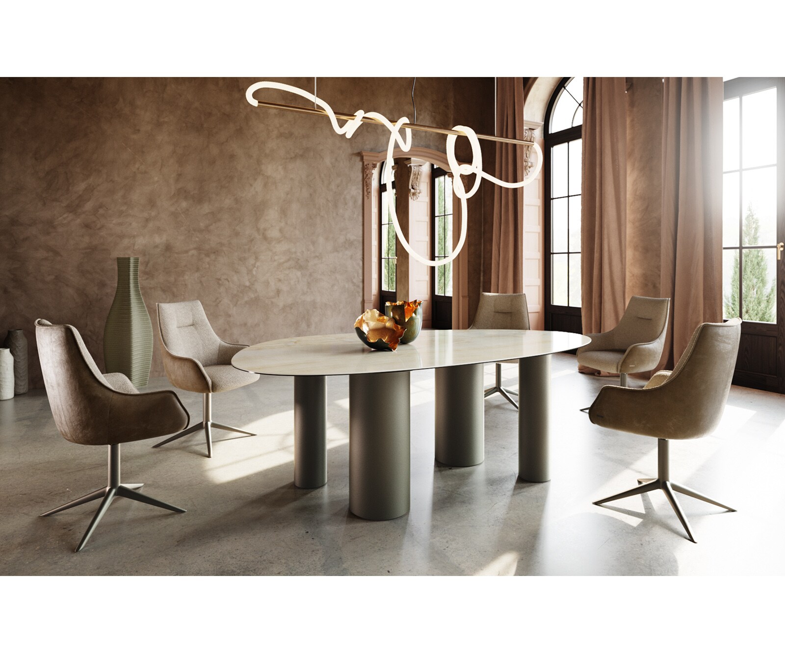 Stół do jadalni Edge owalny 220x120cm ceramika Iris FMG Onice Oro rama Pilier metal kolor tytanowy 4