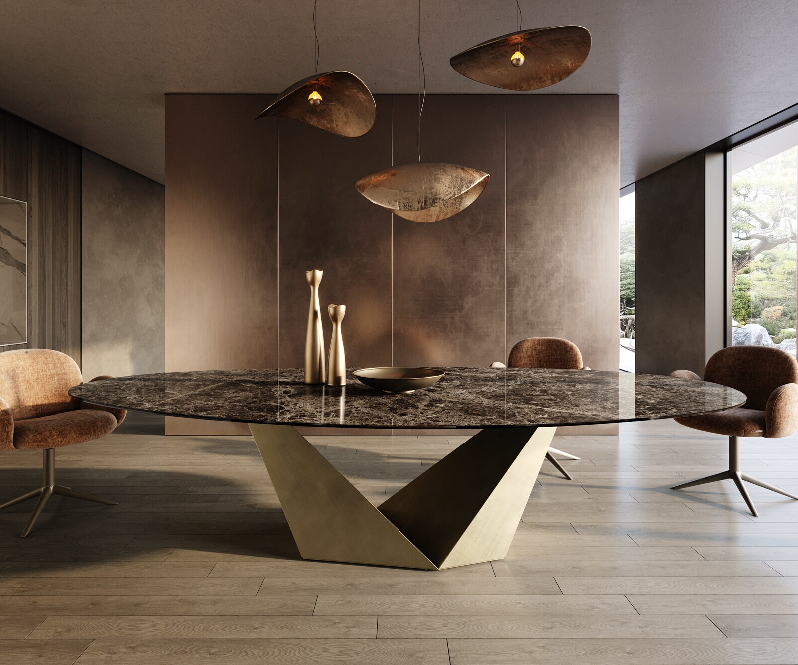 Stół do jadalni Edge owalny 315x150 cm ceramika Emperador Extra Lucidato ciemnobrązowa rama Prisma metaliczny złoty 1