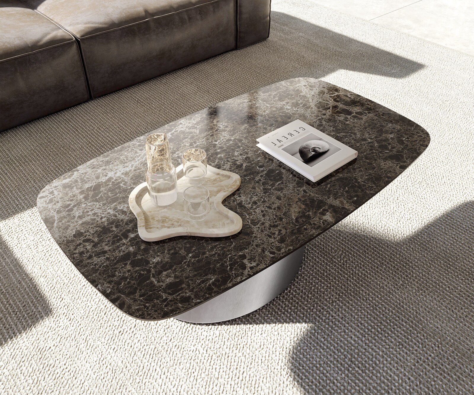 Stolik kawowy Edge w kształcie beczki 120x70 cm ceramika Laminam® Emperador Extra Lucidato ciemnobrązowy Conis stal nierdzewna szczotkowana 3
