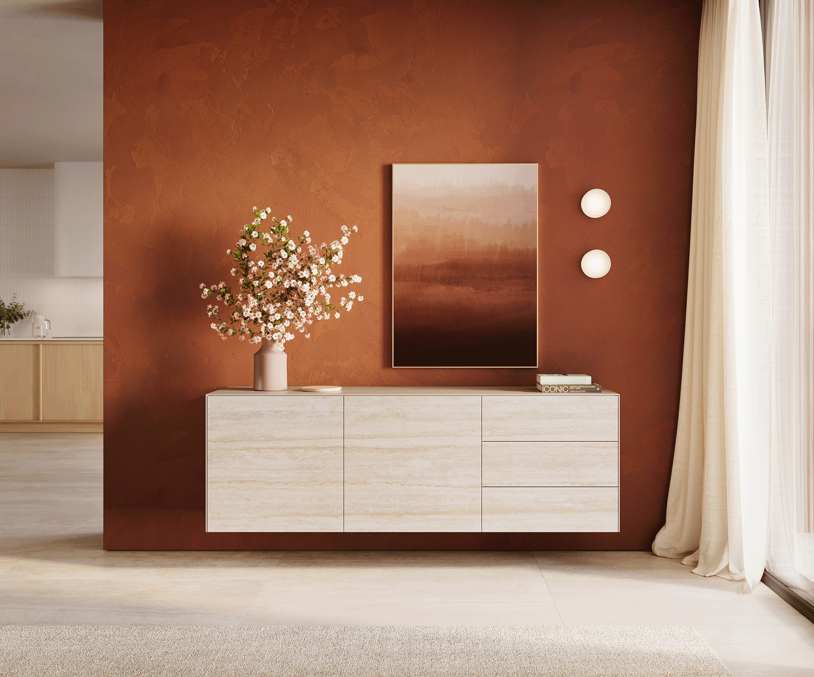 Komoda Cuor 180 cm ceramika Laminam® Travertino Bianco kremowo-biała 2 drzwi 3 szuflady podwieszana 2