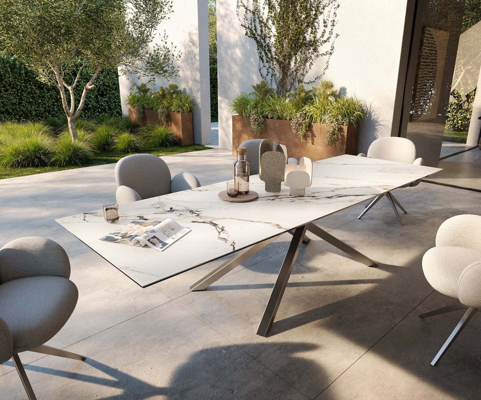 Stół ogrodowy Edge 300x100 cm ceramika Calacatta Luxe biało-złoto-szary rama Cross stal nierdzewna