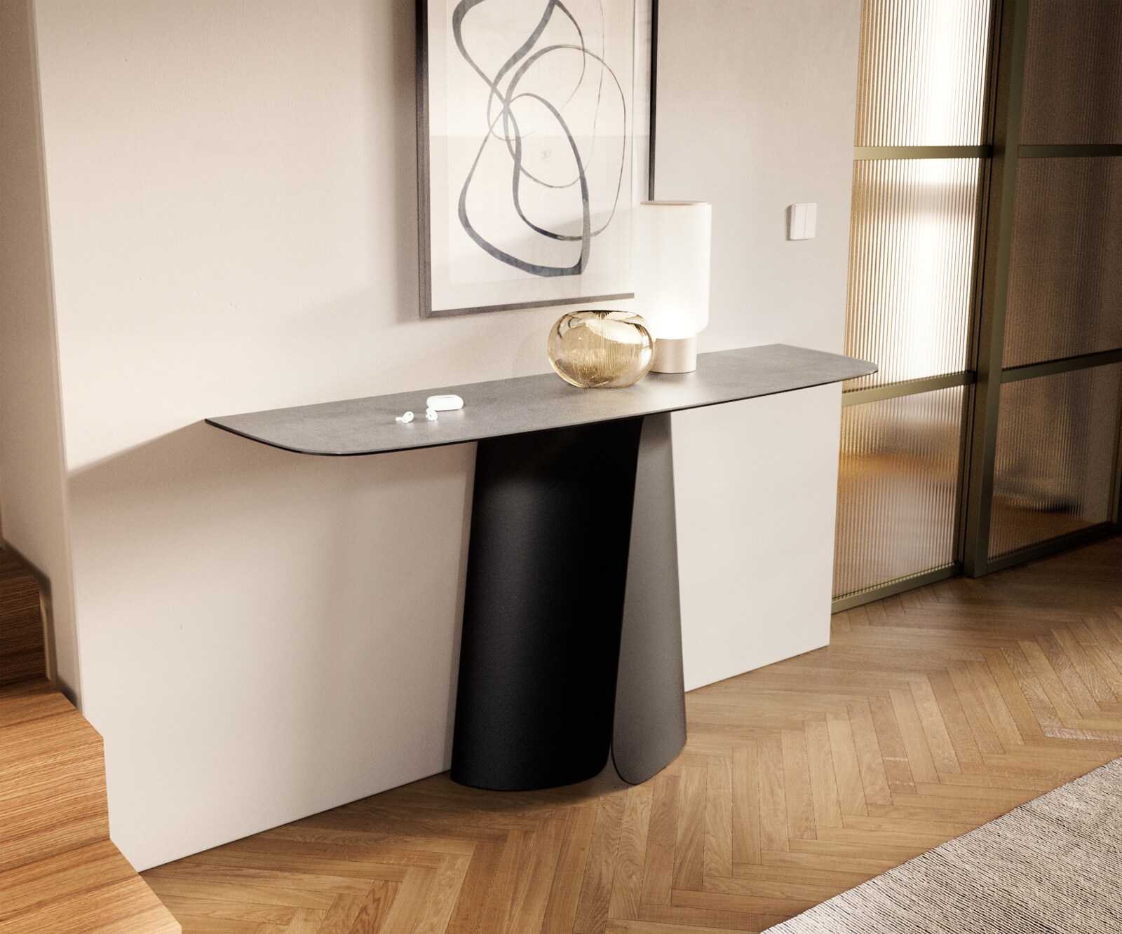 Konsola Edge w kształcie beczki 140x40 cm ceramika w kolorze betonowej szarości podstawa Livos metal czarny 1