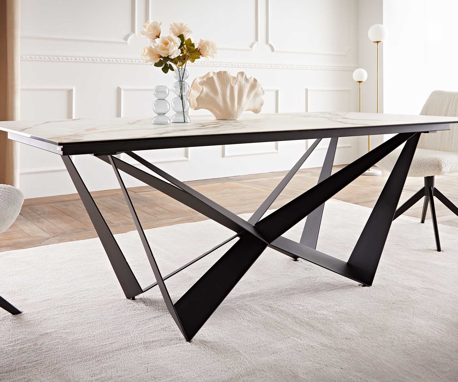 Stół do jadalni Edge 200x100 cm ceramika Calacatta Luxe biało-złoto-szary rama Spider metal czarna 6