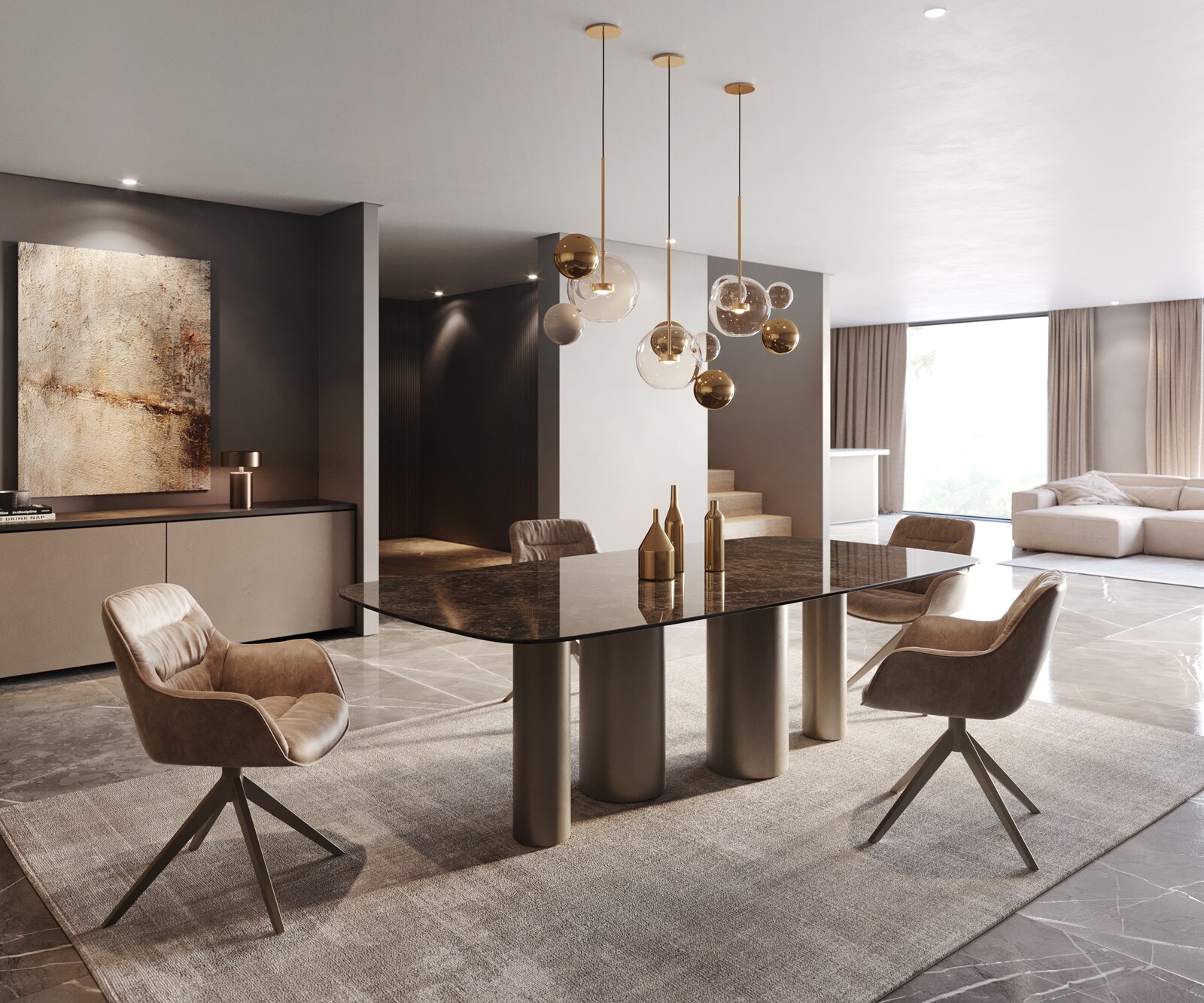 Stół do jadalni Edge kształt beczki 240x120cm ceramika Emperador Extra Lucidato ciemnobrązowy rama Pilier metal kolor tytanowy 6
