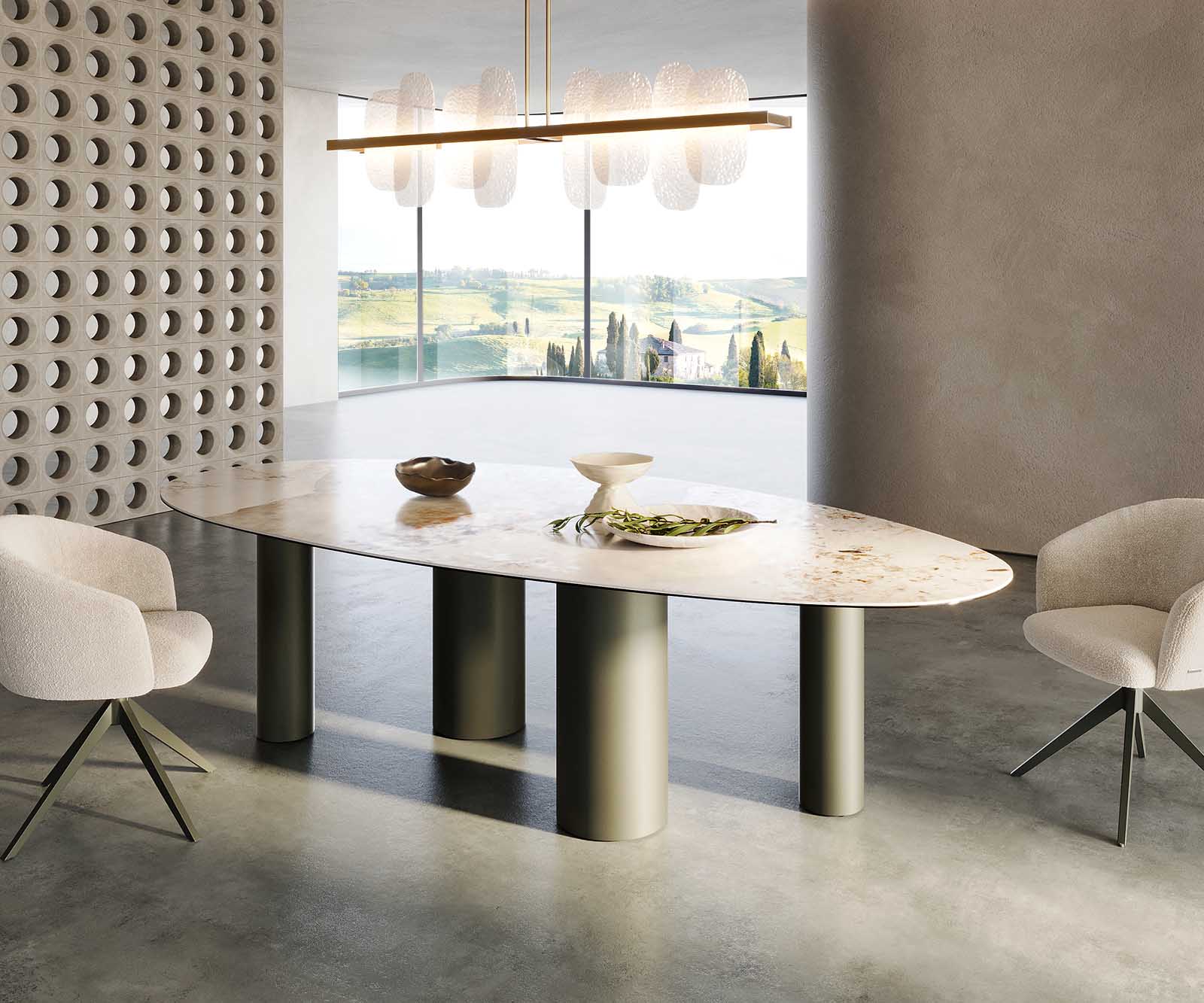 Stół do jadalni Edge owalny 280x130cm ceramika Minas Melange biało-beżowy rama Pilier metal kolor tytanowy 6