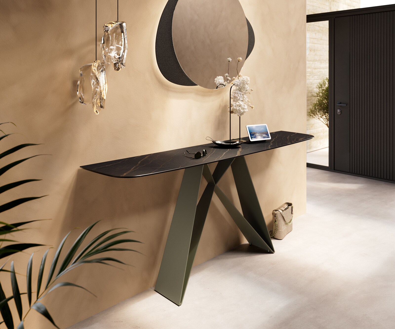 Konsola Edge w kształcie beczki 180x40 cm Laminam® Noir Desir brązowa podstawa Velio metal w kolorze tytanu 4