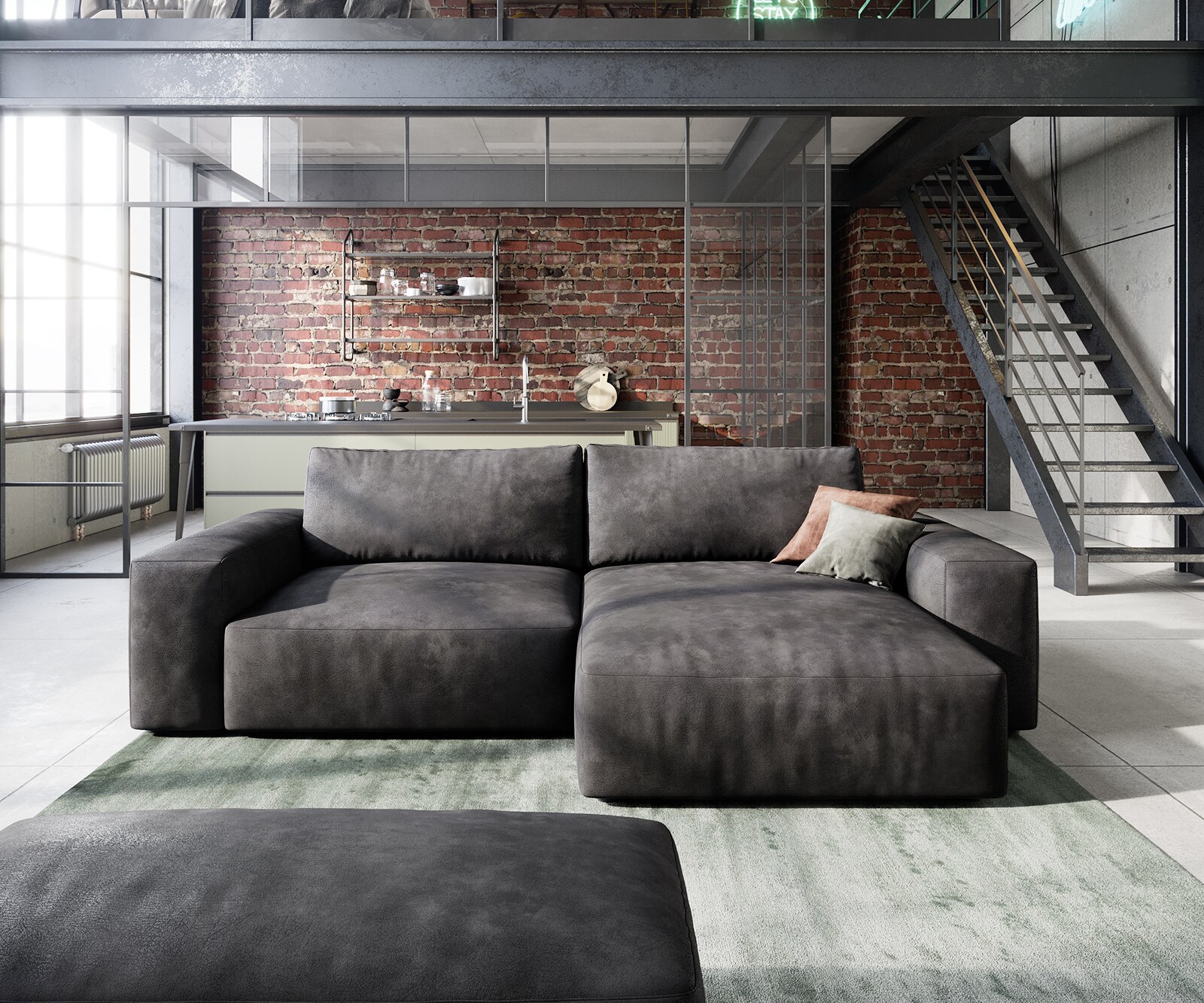 Sofa narożna Lanzo L 260x160 cm eko-skóra antracytowy vintage szezlong z możliwością obustronnego montażu z pufem 1