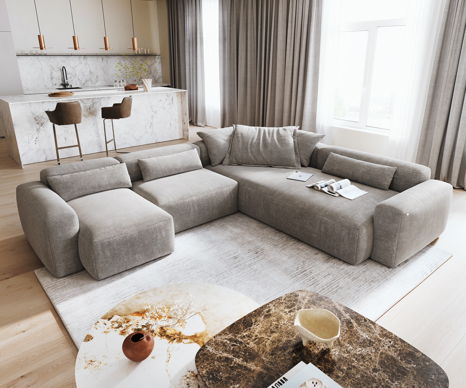 Sofa w kształcie litery U Freestyle 360x290 cm miękka tkanina strukturalna szara szew płaski