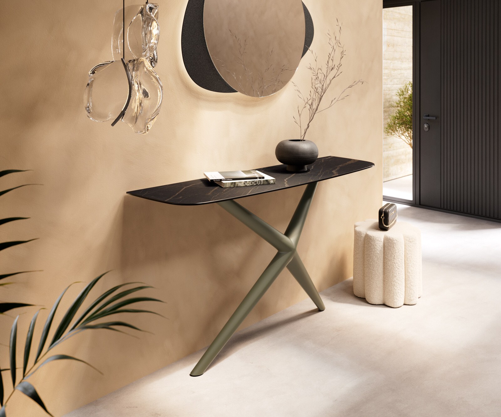 Konsola Edge w kształcie beczki 140x40 cm ceramika Laminam® Noir Desir brązowa rama Estelo metal w kolorze tytanu 4