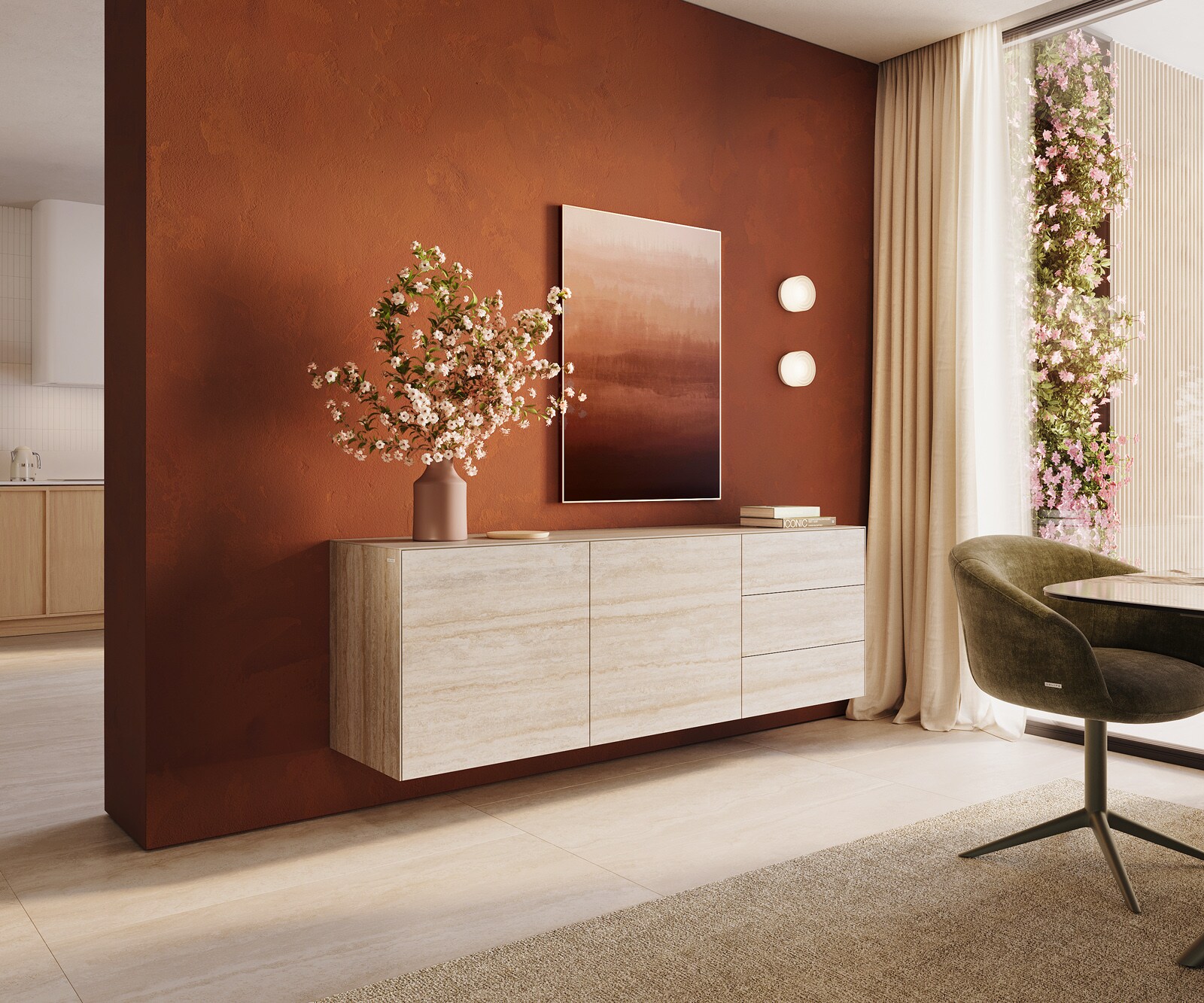 Komoda Cuor 180 cm ceramika Laminam® Travertino Bianco kremowo-biała 2 drzwi 3 szuflady podwieszana 1