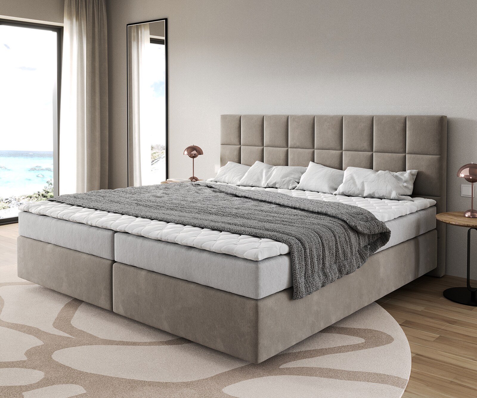 Łóżko kontynentalne Dream-Fine mikrofibra beżowa 200x200cm materac bonellowy topper PU