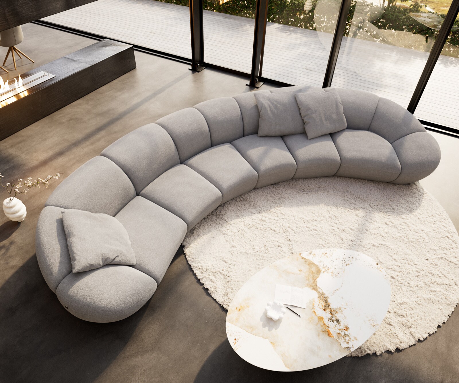 Sofa Lunna 470x210 cm miękka tkanina strukturalna szara 3 poduszki 1