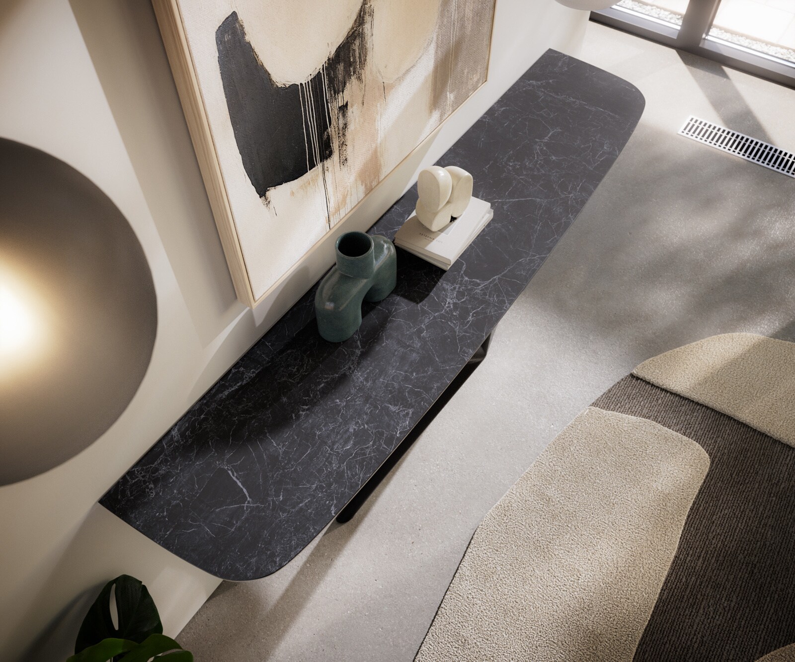 Konsola Edge w kształcie beczki 180x40 cm Laminam® Nero Greco antracytowa rama Estelo metal czarny 6