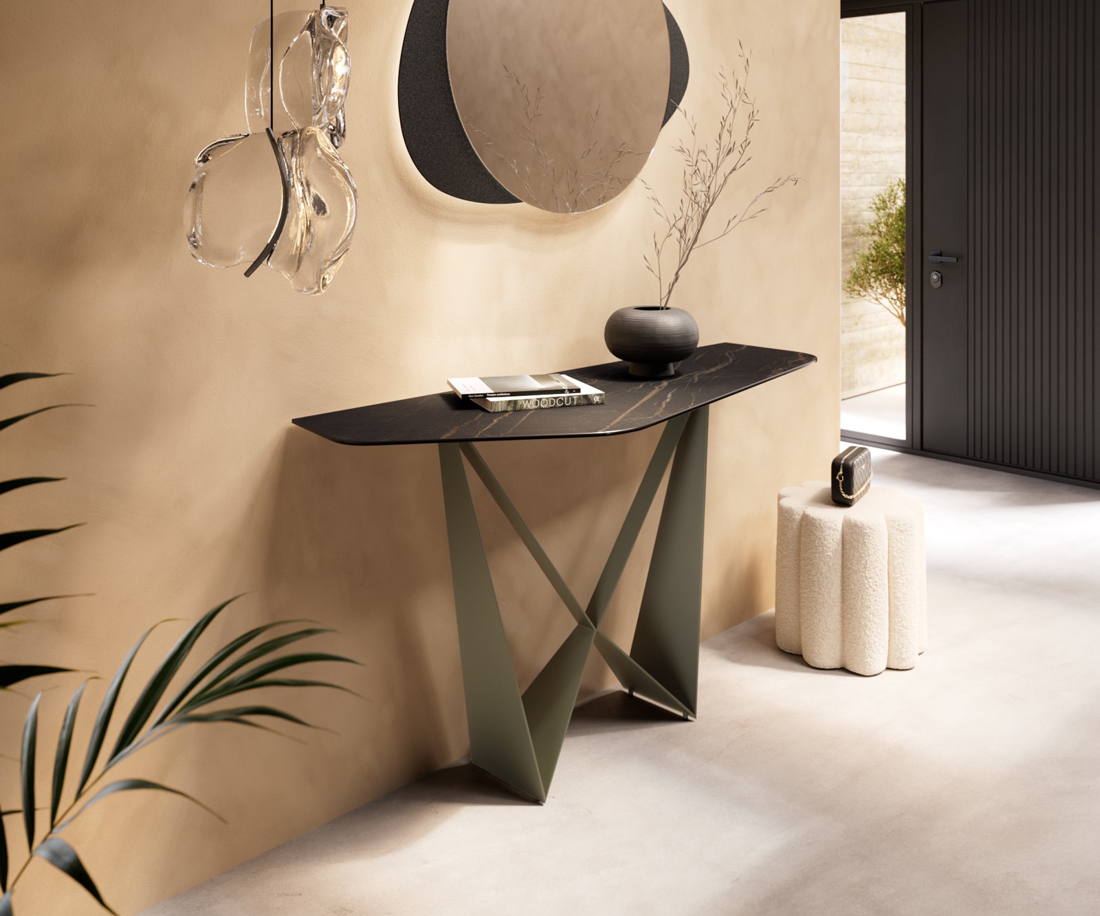 Konsola Edge wielokątna 140x50 cm ceramika Laminam® Noir Desir brązowa podstawa Spios metal w kolorze tytanu 1