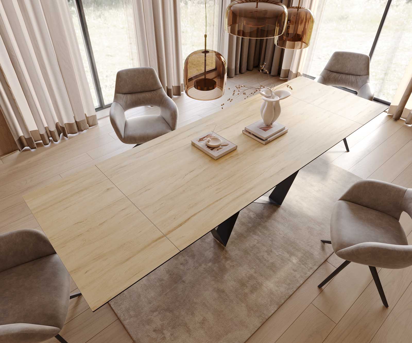 Stół do jadalni Edge 200-300x100 cm ceramika Laminam® Sabbia kolor dębu rama Spider metal czarna rozkładany 5