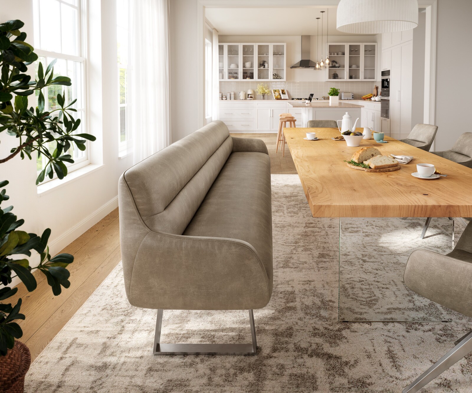 Ławka do jadalni Taya-Flex 300 cm mikrofibra beżowy vintage podstawa płozowa kątowa stal nierdzewna sprężyny kieszeniowe 2
