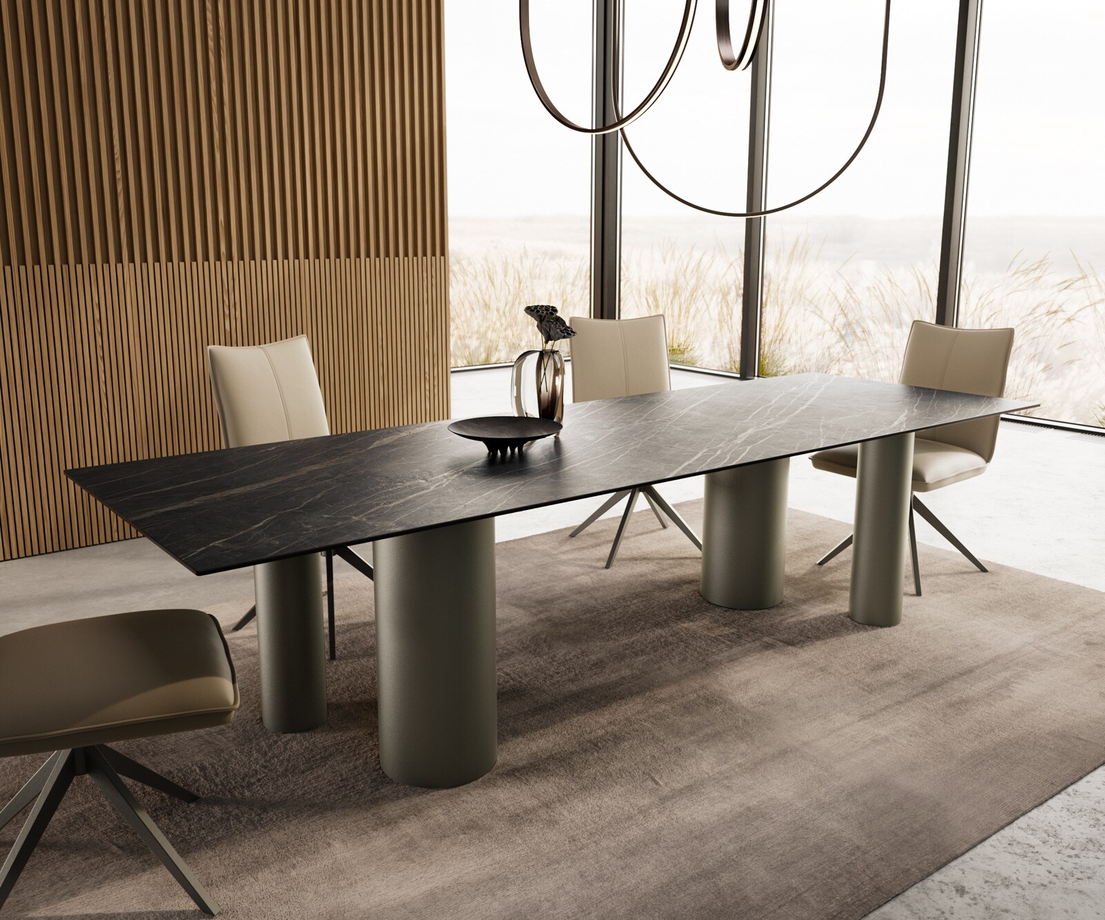 Stół do jadalni Edge 300x100cm ceramika Laminam® Noir Desir brązowy rama Pilier metal kolor tytanowy 1