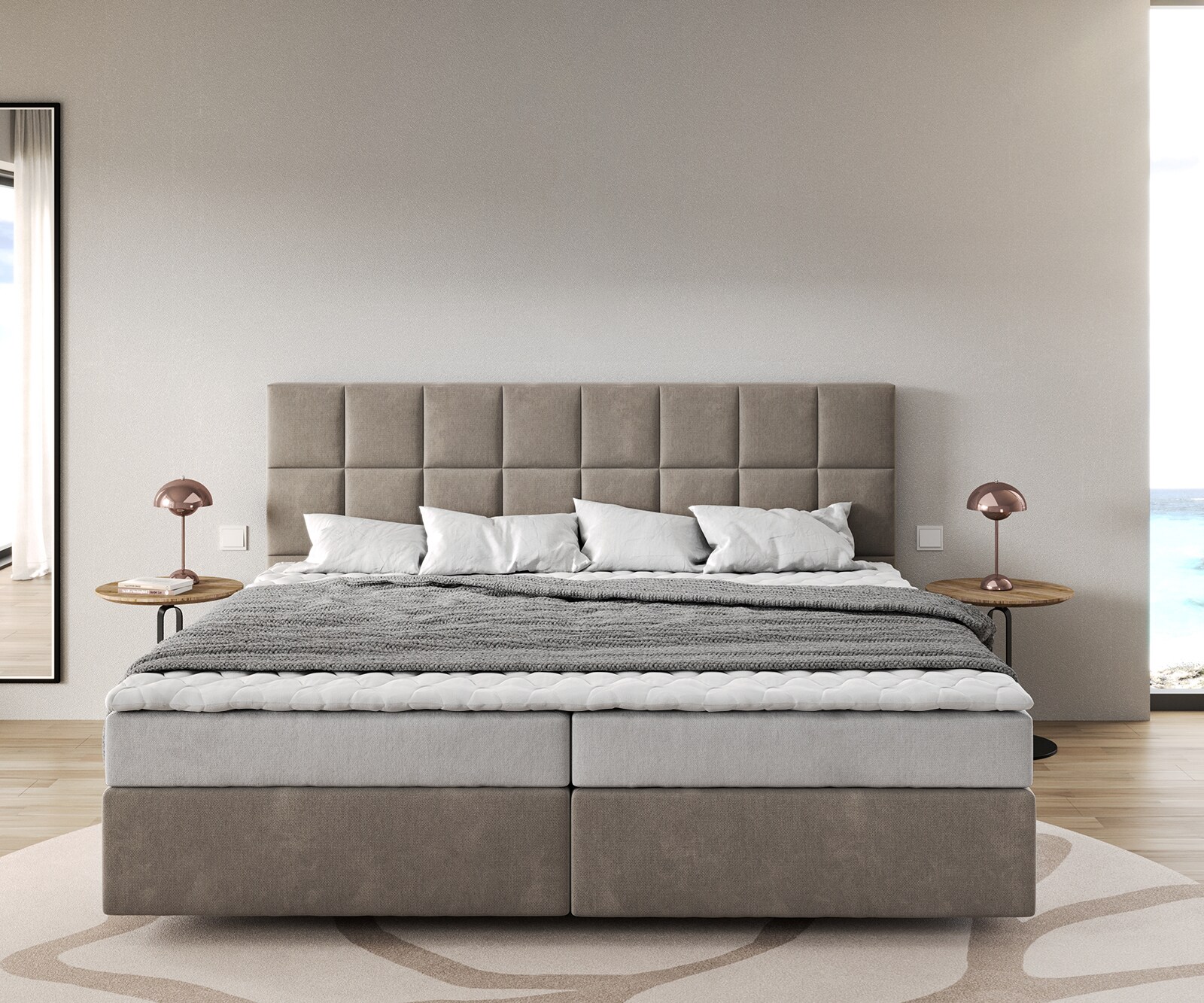Łóżko kontynentalne Dream-Fine mikrofibra beżowa 200x200cm materac bonellowy topper PU 1
