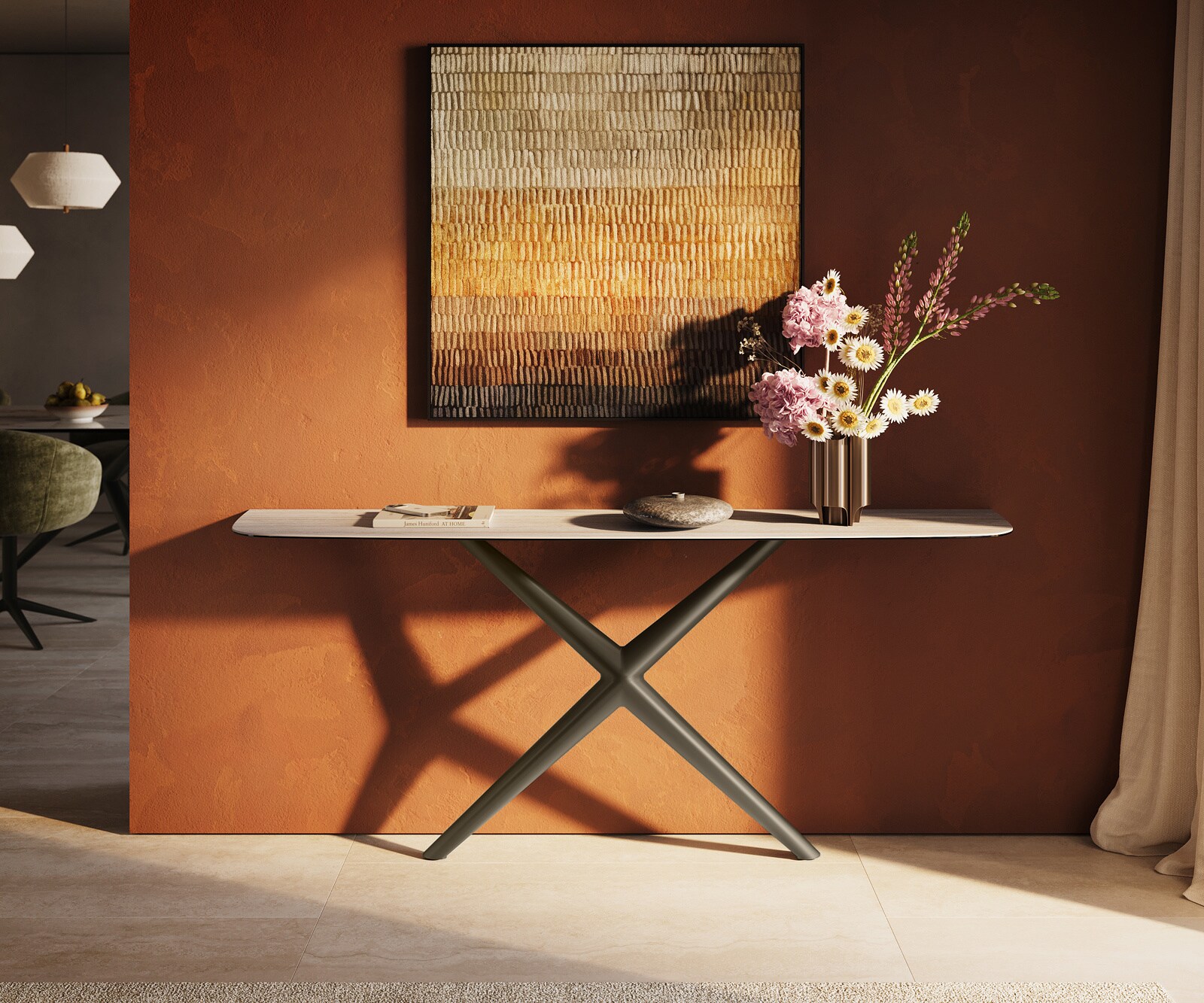 Konsola Edge w kształcie beczki 180x40 cm ceramika Laminam® Travertino Bianco kremowo-biały rama Estelo metal w kolorze tytanu 1