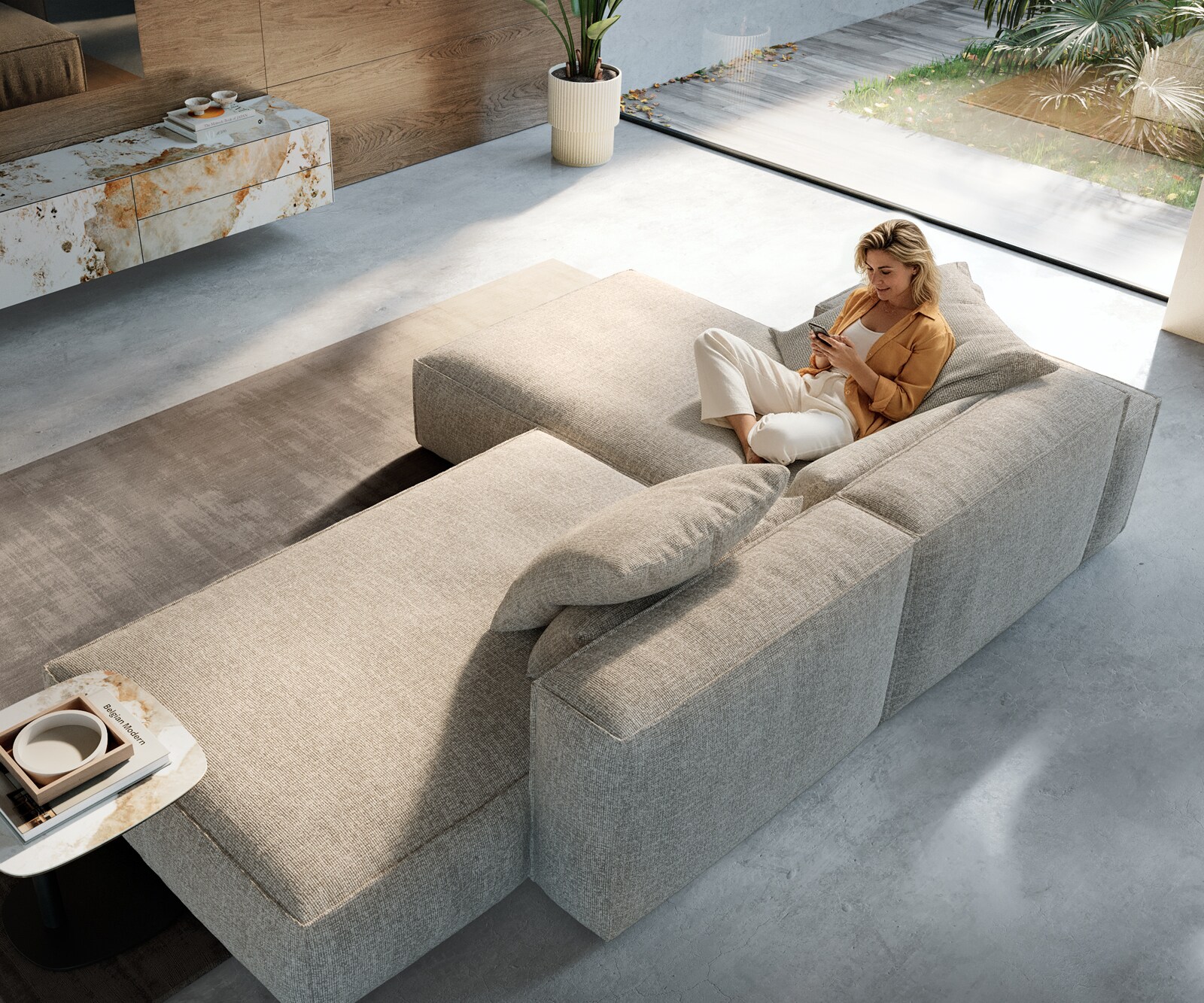 Sofa narożna Freestyle 310x200 cm miękka tkanina beżowa z lamówką 1