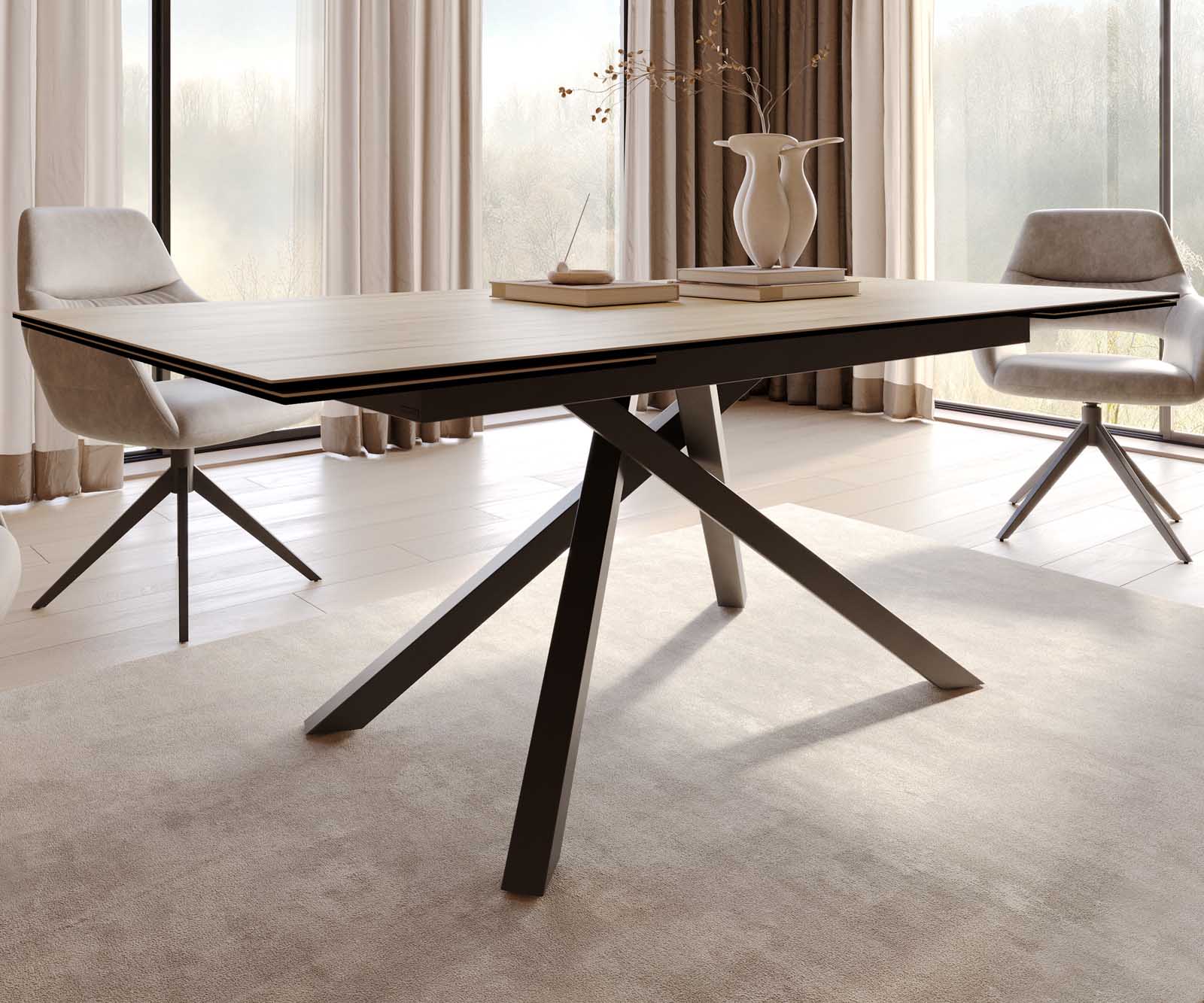 Stół do jadalni Edge 200-300x100 cm ceramika Laminam® Sabbia kolor dębu rama Cross czarna rozkładany 5