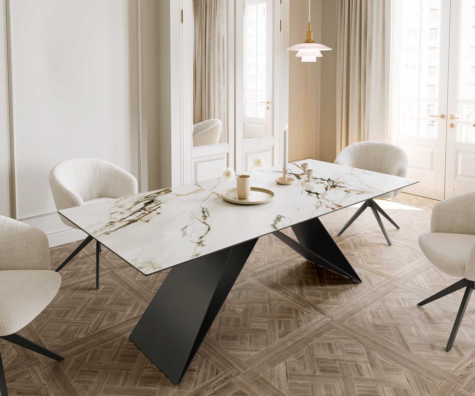 Stół do jadalni Edge 180-220x100 cm ceramika Calacatta Luxe biało-złoto-szary rama V metal czarna rozkładany
