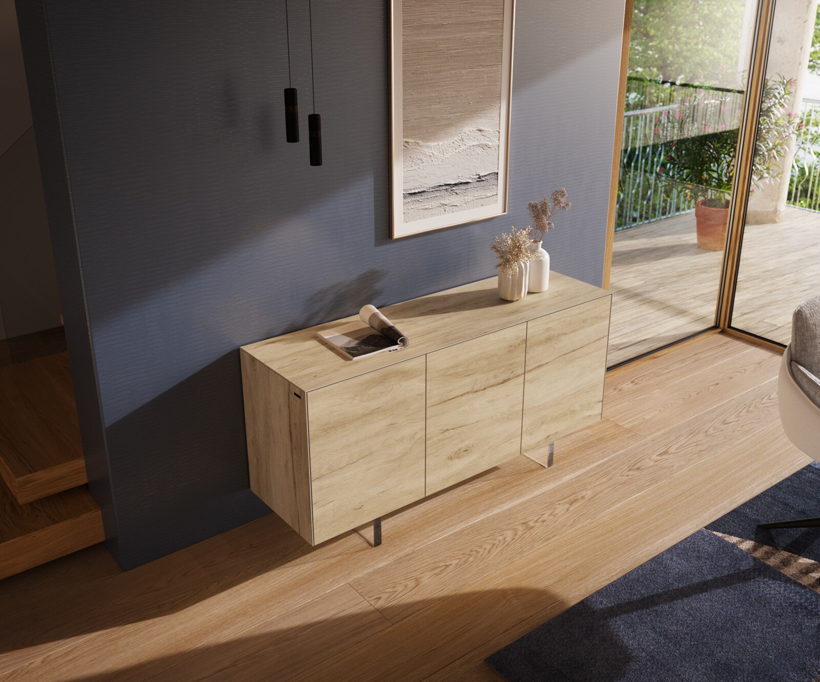Komoda Cuor 150 cm ceramika Laminam® Sabbia (kolor dębu) 3 drzwi nóżki wąskie szkło akrylowe 4
