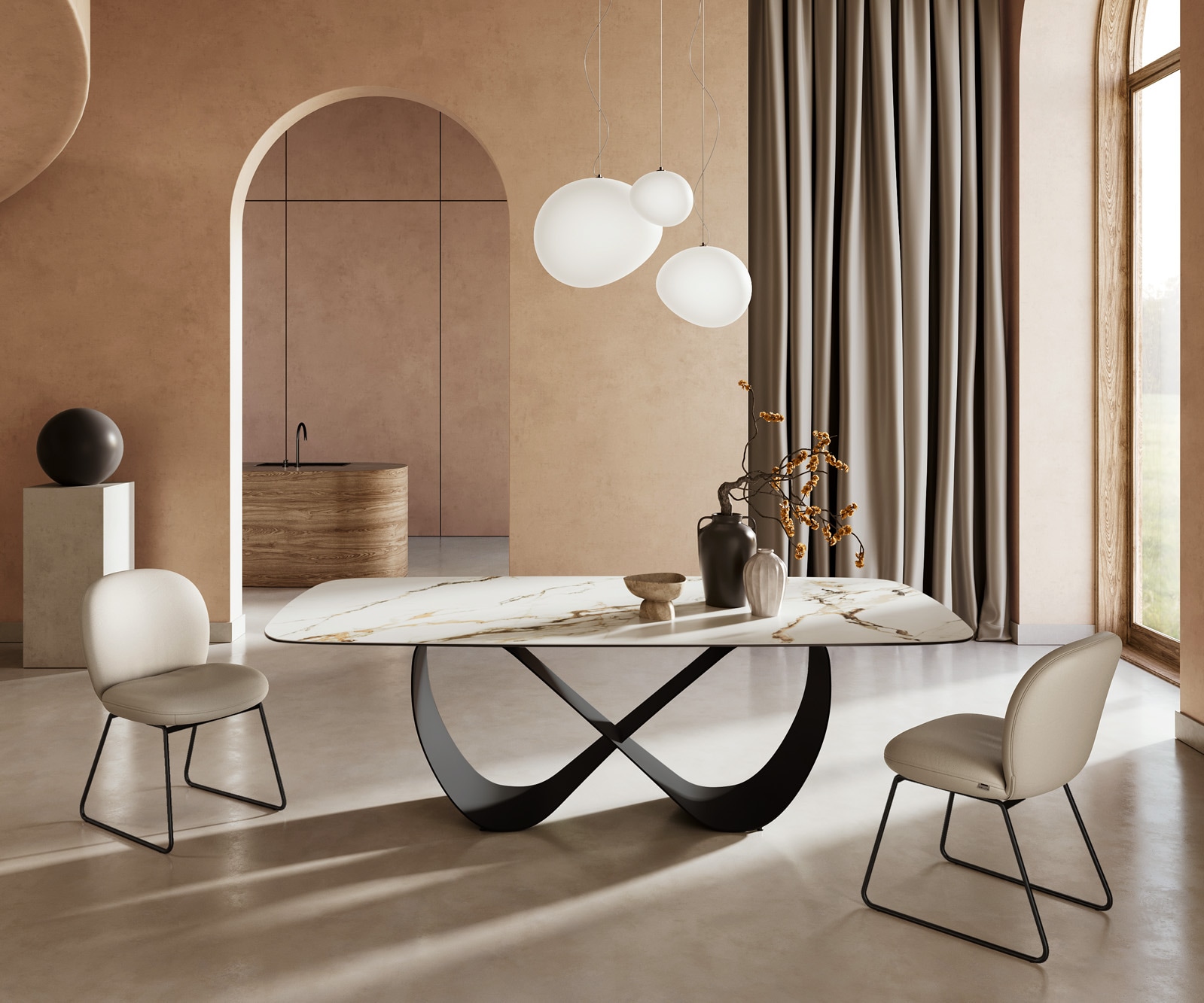 Stół do jadalni Edge kształt beczki 240x120cm ceramika Calacatta Luxe biało-złoto-szary rama Infinity metal czarny