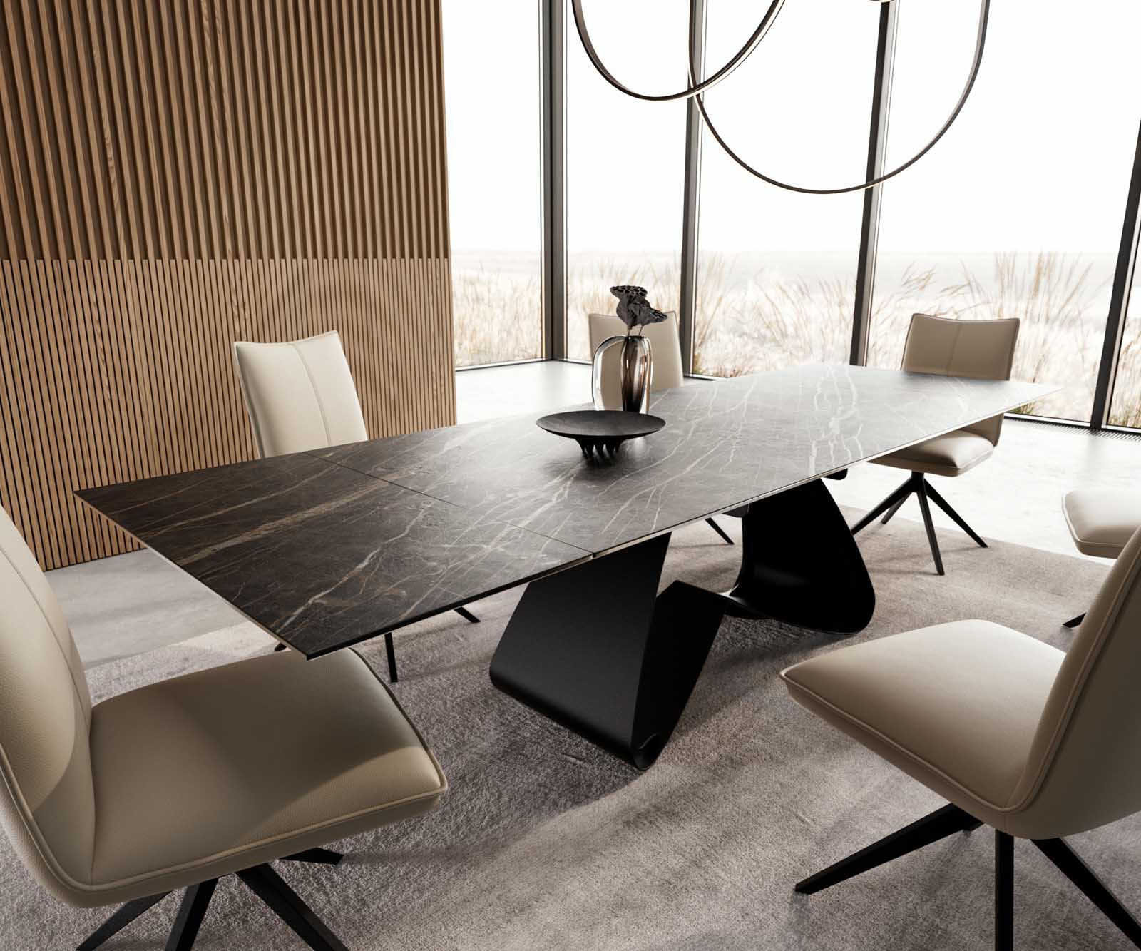 Stół do jadalni Edge 200-300x100 cm ceramika Laminam® Noir Desir brązowy rama W czarna rozkładany 1
