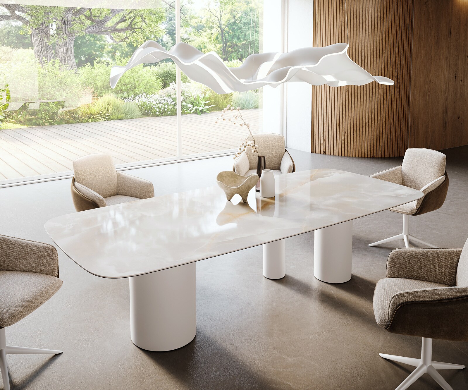 Stół do jadalni Edge w kształcie beczki 270x120 cm ceramika Iris FMG Onice Grigio rama Troa metal biały 1