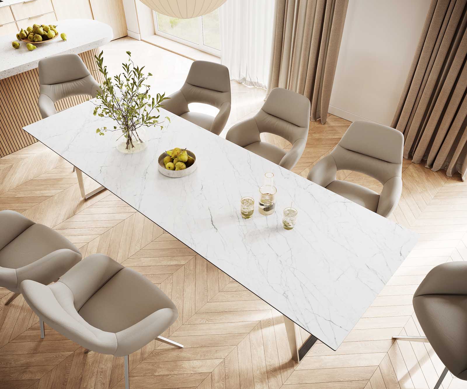 Stół do jadalni Edge 300x100cm ceramika Laminam® Statuarietto biały stal nierdzewna pochylona rama 3