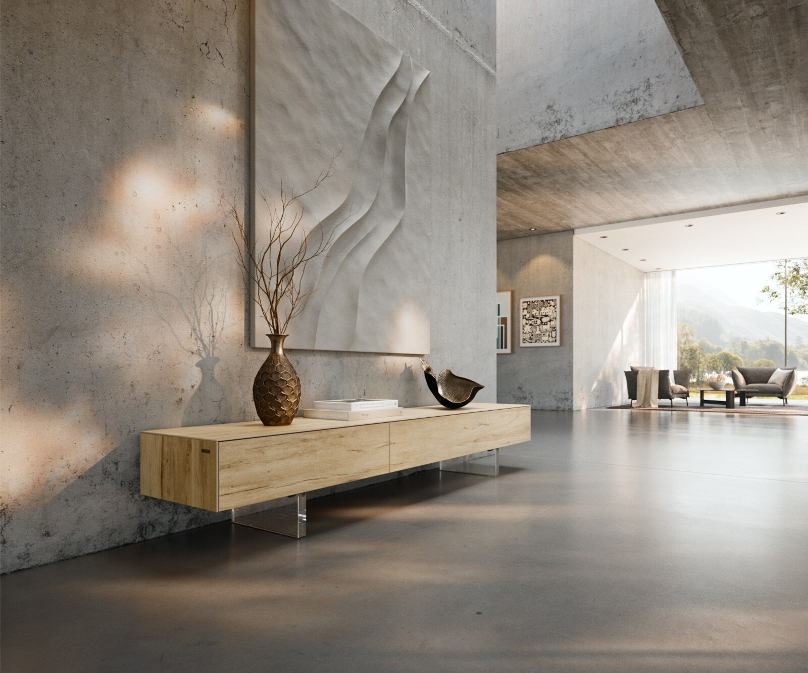 Szafka RTV Cuor 200 cm ceramika Laminam® Sabbia (kolor dębu) 1 klapa 1 szuflada nóżki akrylowe