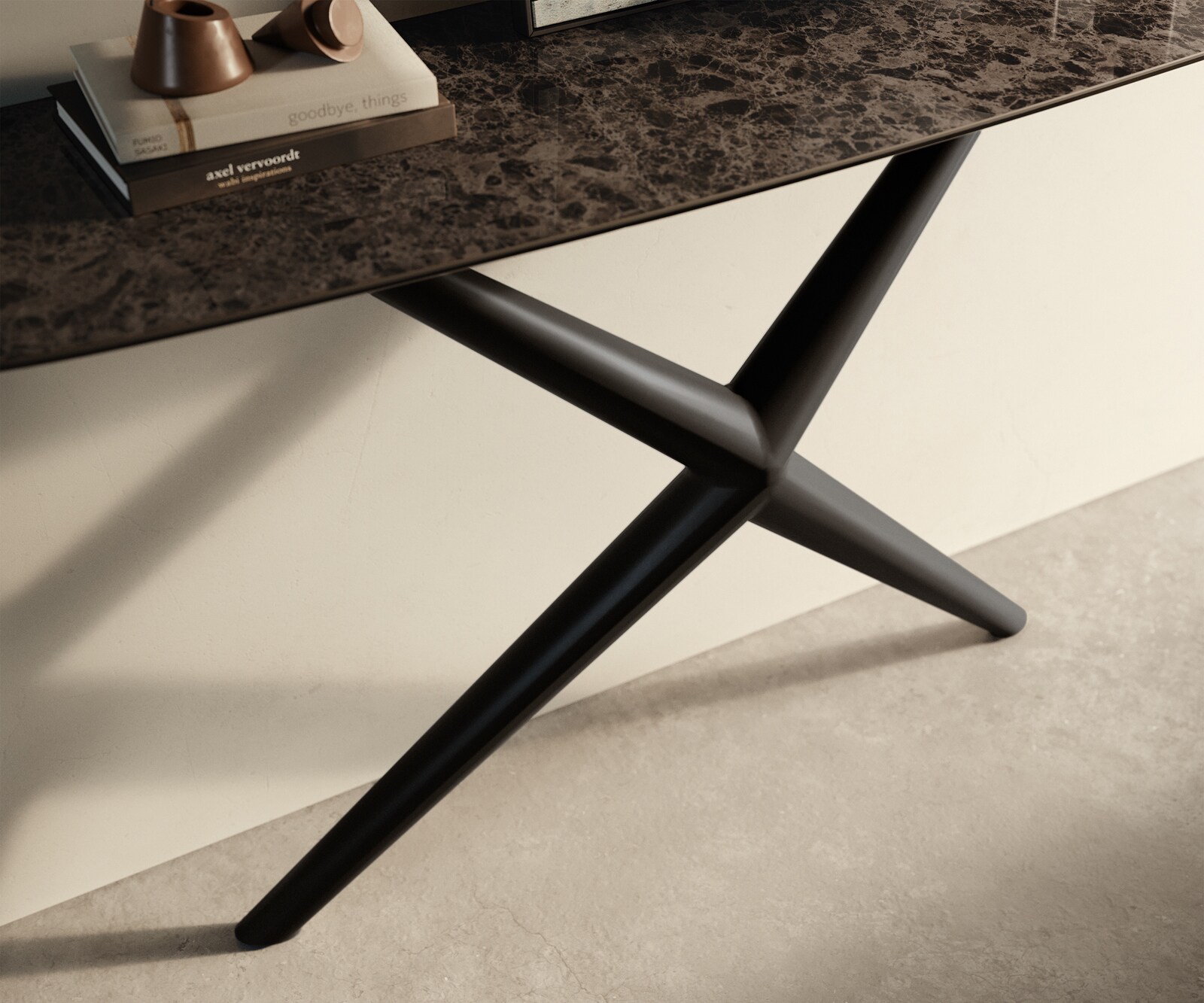 Konsola Edge w kształcie beczki 140x40 cm ceramika Emperador Extra Lucidato ciemnobrązowa rama Estelo metal czarny 6