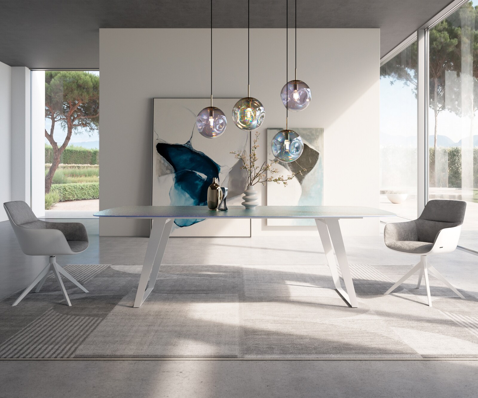 Stół do jadalni Edge w kształcie beczki 240x120 cm szkło reliefowe masa perłowa efekt 3D rama pochylona biała 1