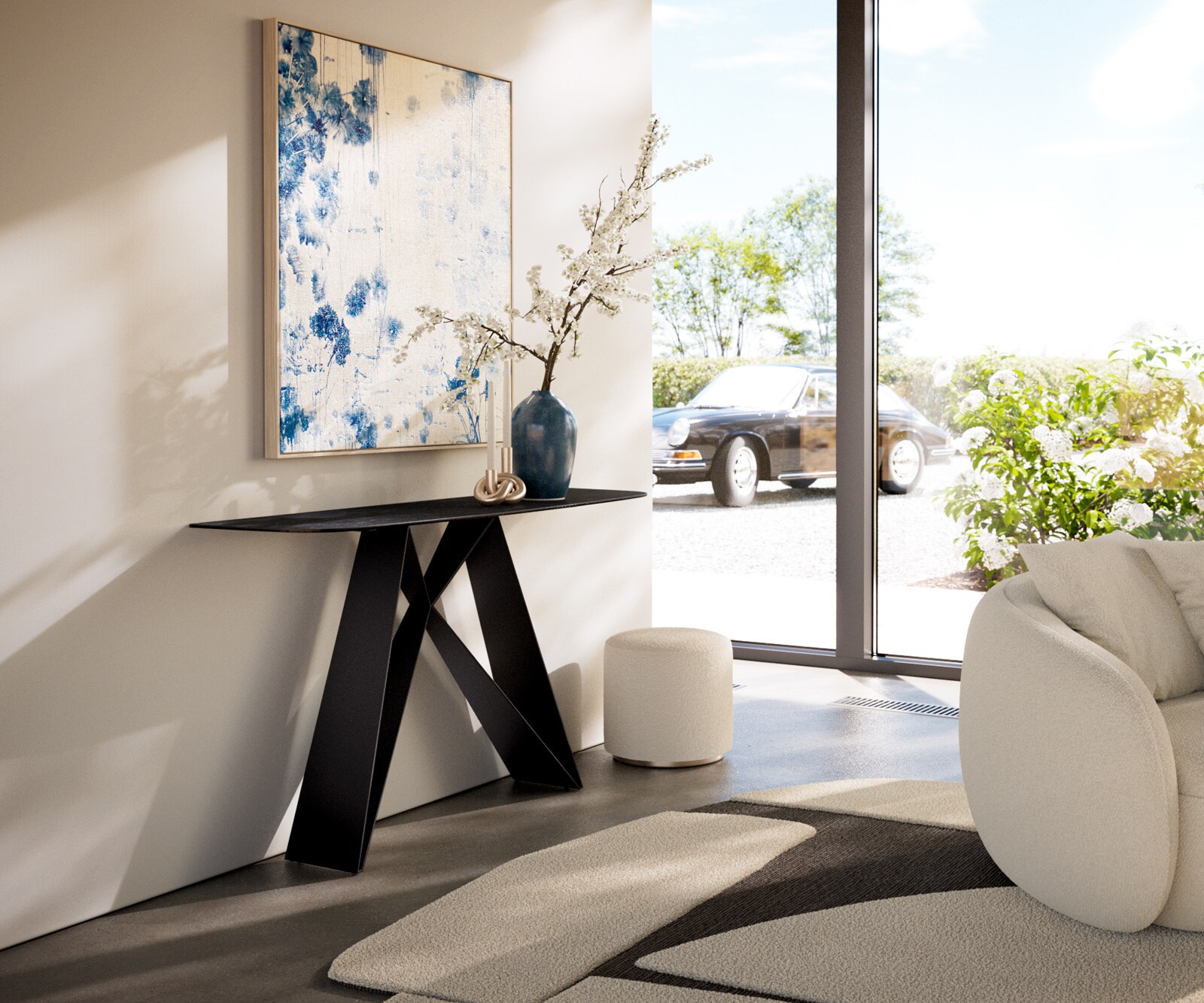 Konsola Edge w kształcie beczki 140x40 cm ceramika Laminam® Nero Greco antracytowa podstawa Velio metal czarny 7