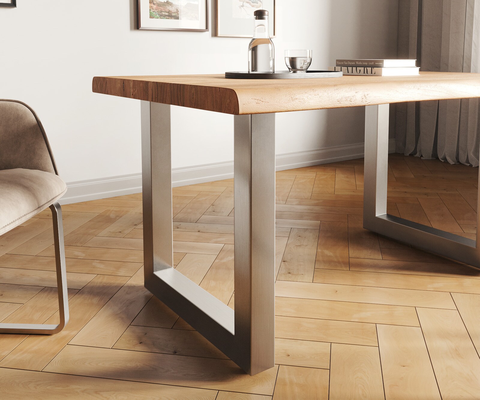 Stół do jadalni Edge 140x90cm XL akacja naturalna stal nierdzewna szeroka rama live-edge 4