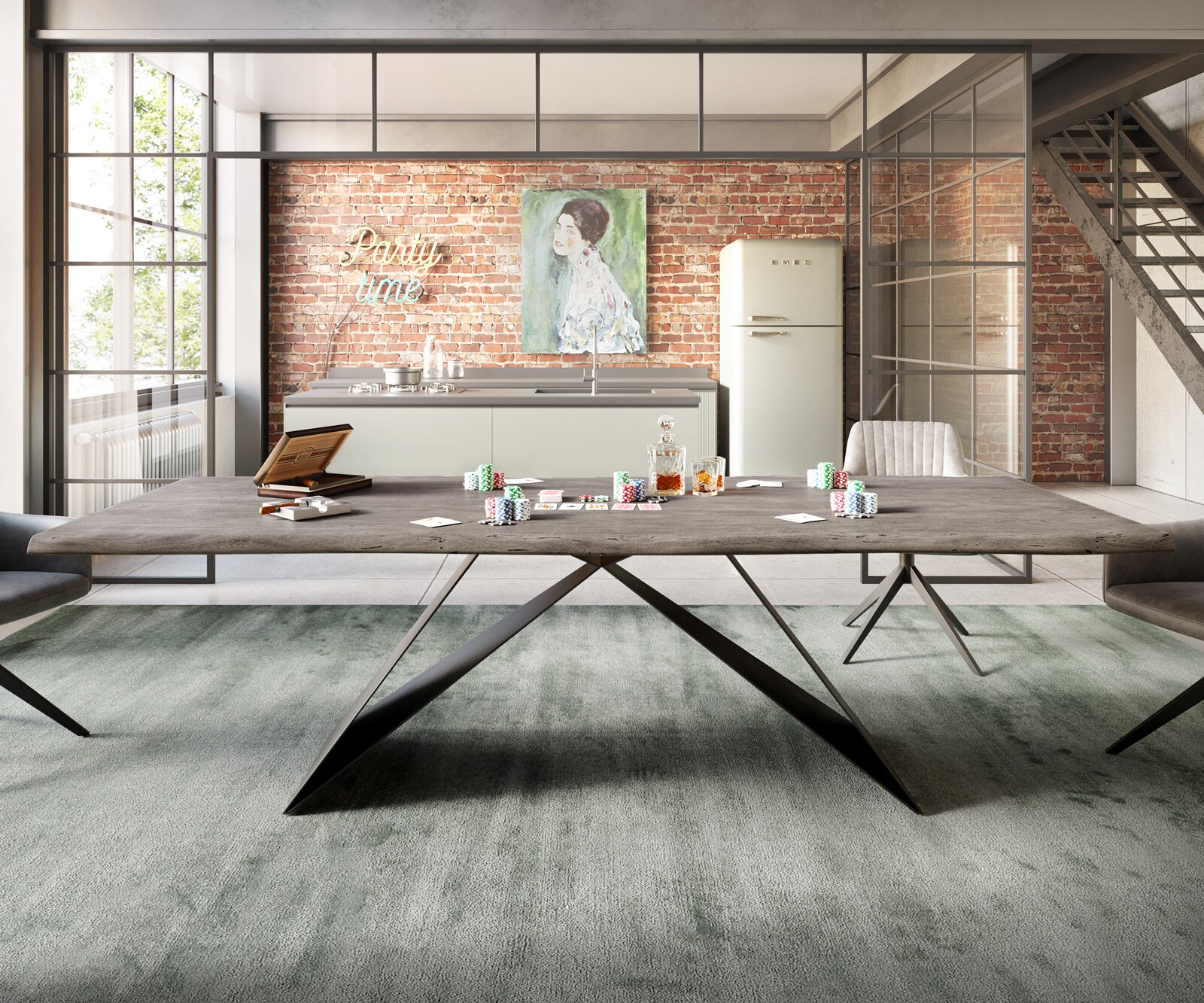 Stół do jadalni Edge 260x100 cm akacja platynowa rama V metal czarna live-edge 1
