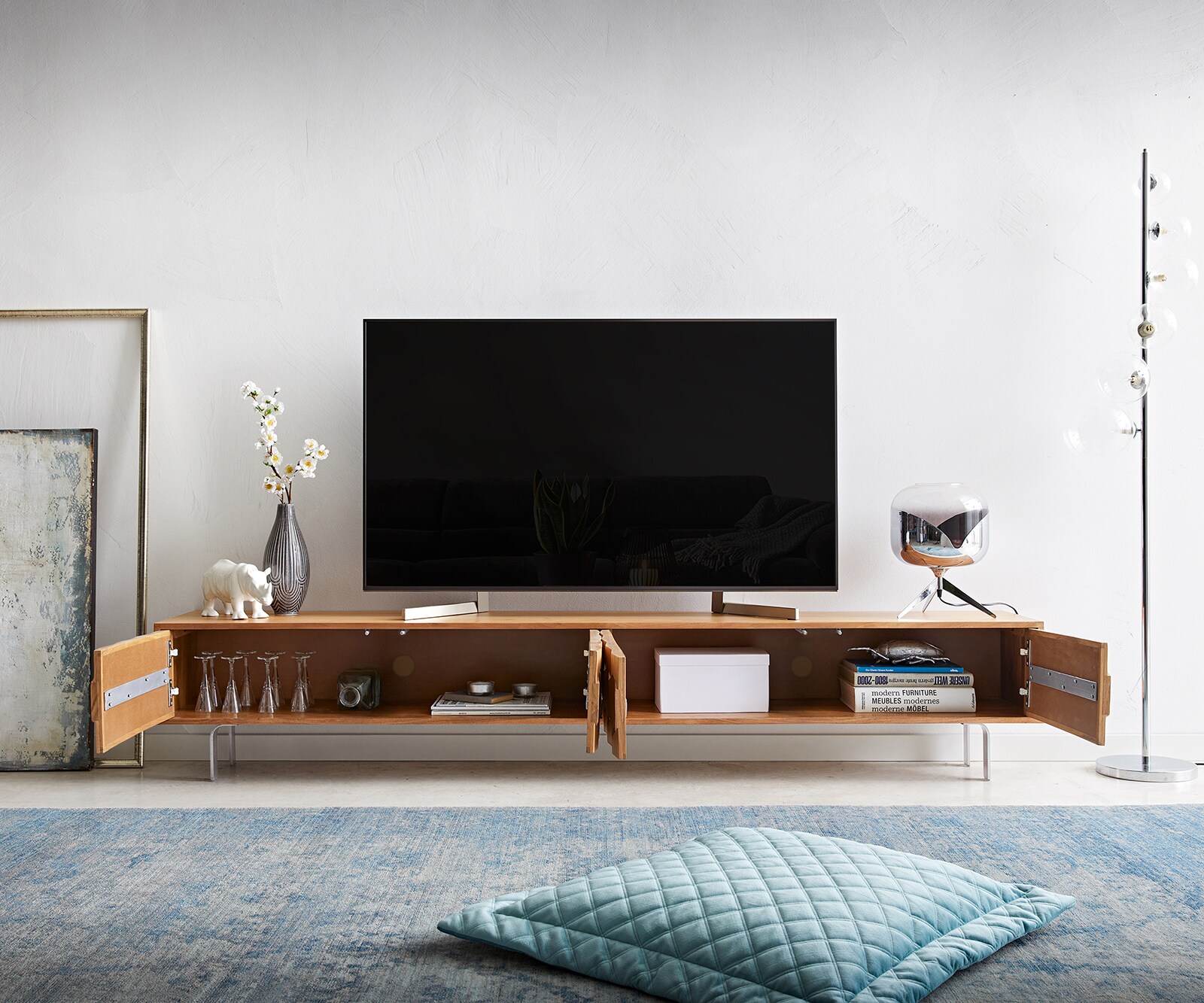 Szafka RTV Fevo 220 cm akacja naturalna 4 drzwi nóżki L 3