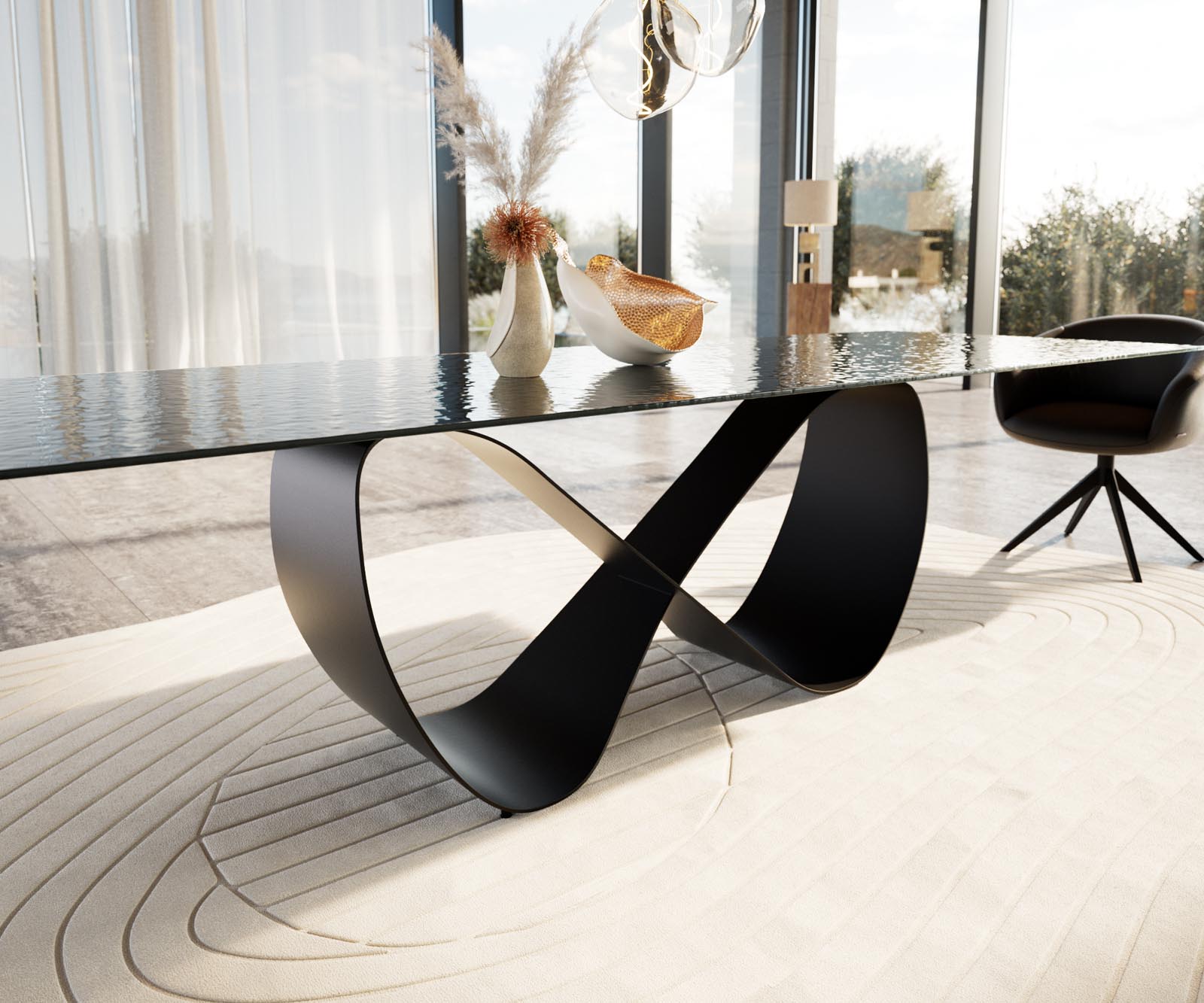 Stół do jadalni Edge 300x100cm szkło reliefowe czarne efekt 3D rama Infinity metal czarny 4