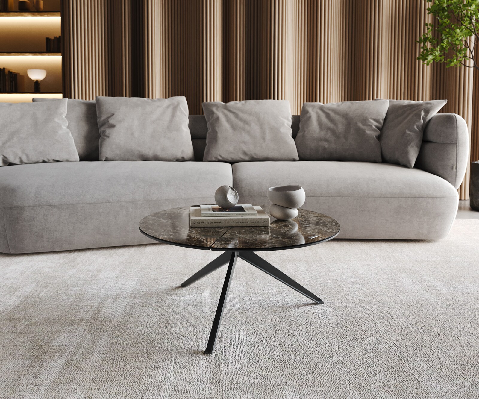 Stolik kawowy Delron 70x70cm ceramika Emperador Extra Lucidato ciemnobrązowa podstawa krzyżowa płaska metal czarny 1