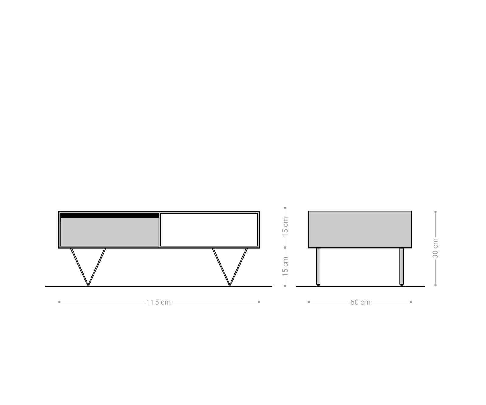 Stolik kawowy Stonegrace 115x60 cm akacja brązowa łupek 2 szuflady 1 przegroda nóżki V czarne 4