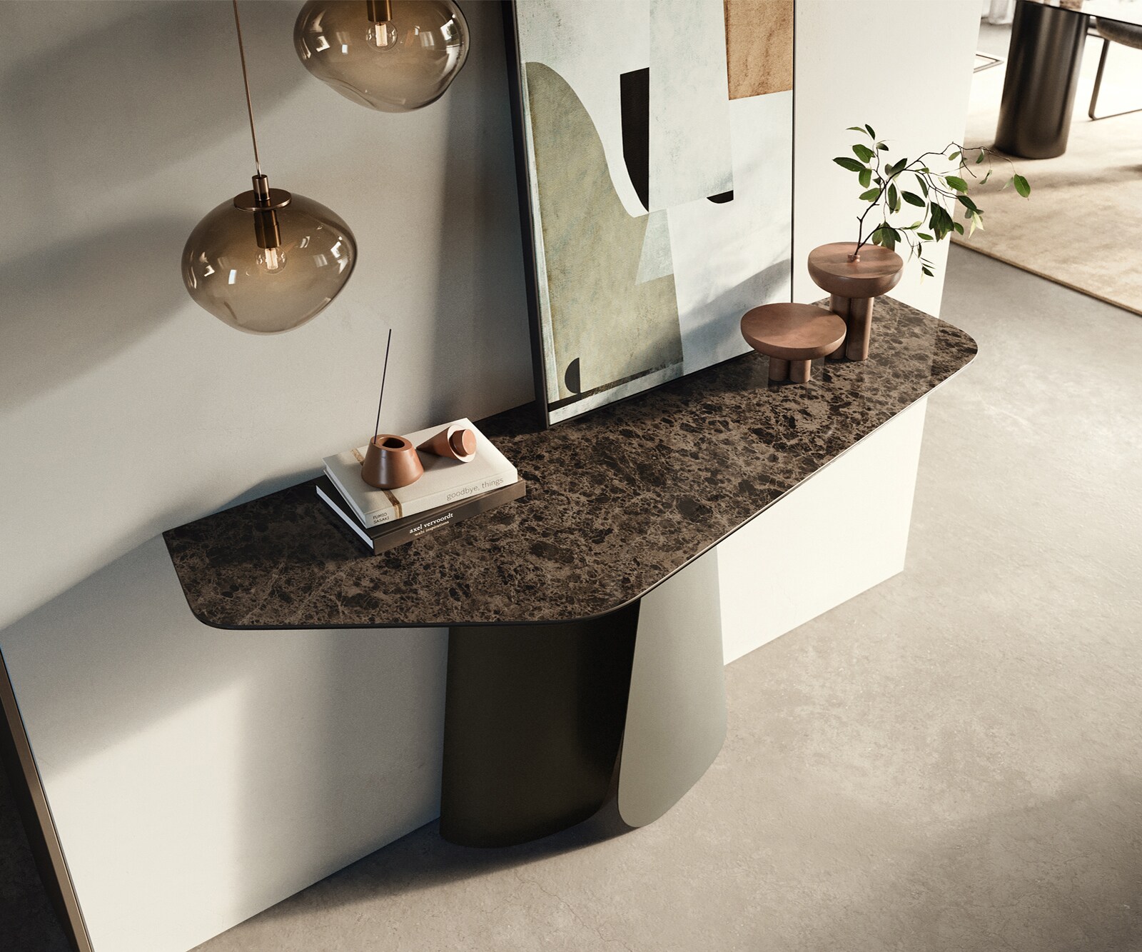 Konsola Edge wielokątna 140x50 cm ceramika Emperador Extra Lucidato ciemnobrązowa podstawa Livos metal w kolorze tytanu 2