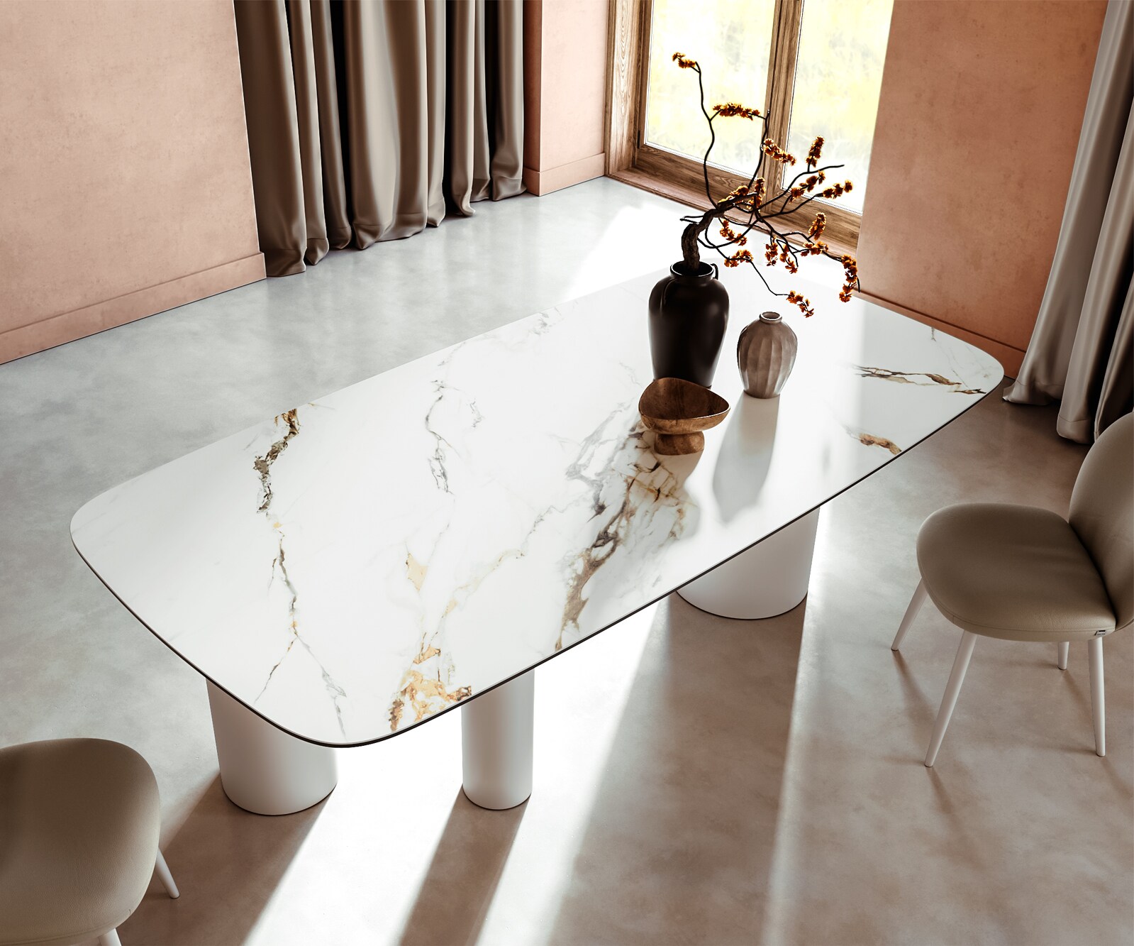Stół do jadalni Edge kształt beczki 240x120cm ceramika Calacatta Luxe biało-złoto-szary rama Troa metal biały 3