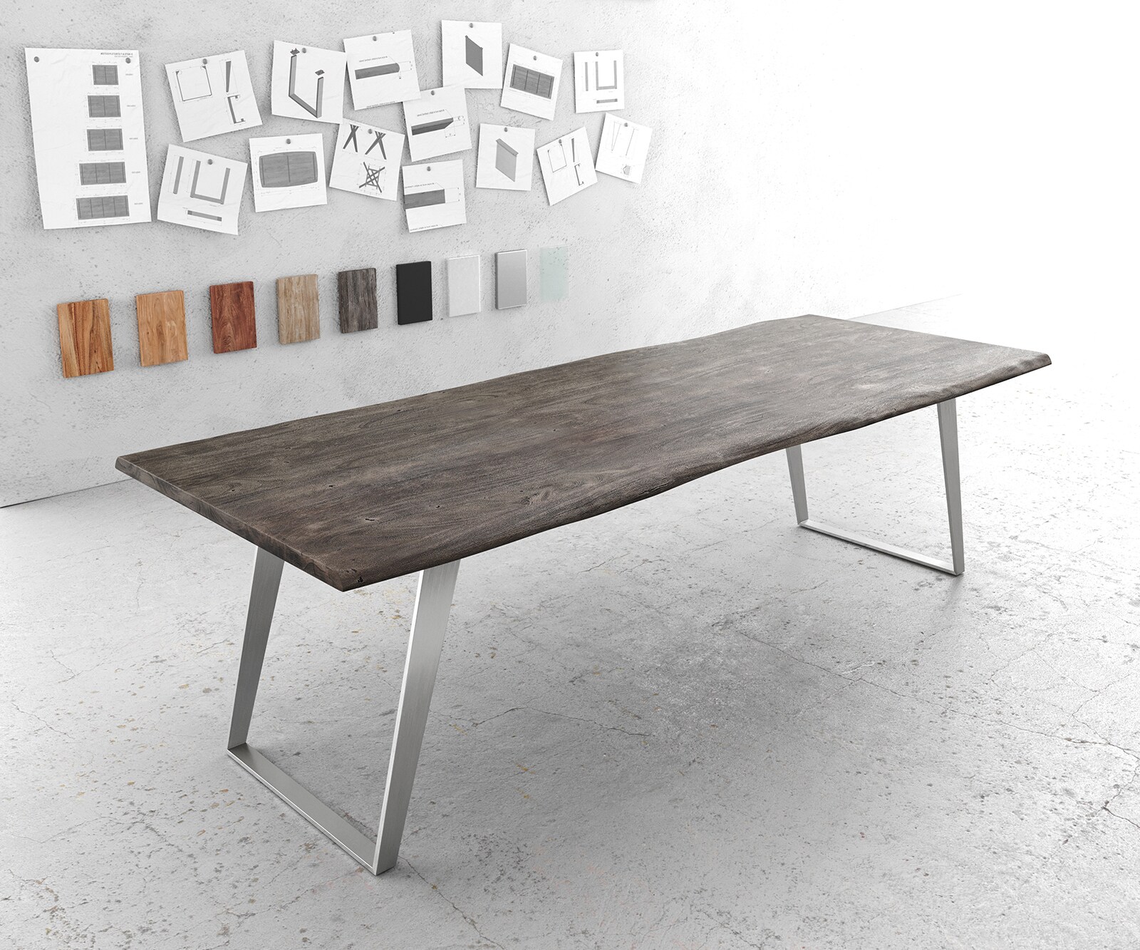 Stół do jadalni Edge 260x100 cm akacja platynowa stal nierdzewna srebrna pochylona rama live-edge