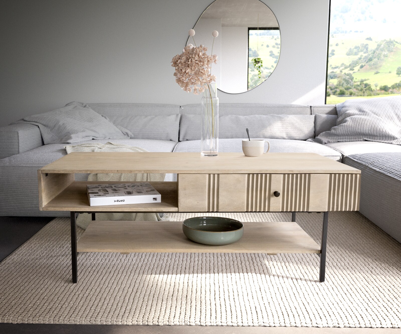 Stolik kawowy Nereos 130x60 cm mango kolor bielony metal czarny 2